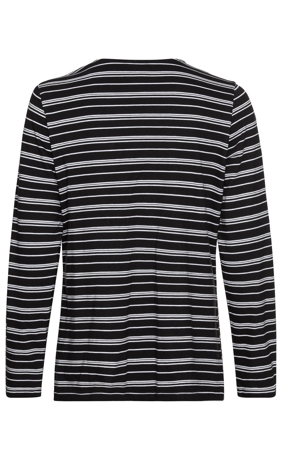 schwarz-weiß gestreiftes Baumwoll-Shirt, langärmlig, mit horizontalen weißen Linien auf schwarzem Hintergrund, Rückansicht, gerade geschnitten, einfaches Design