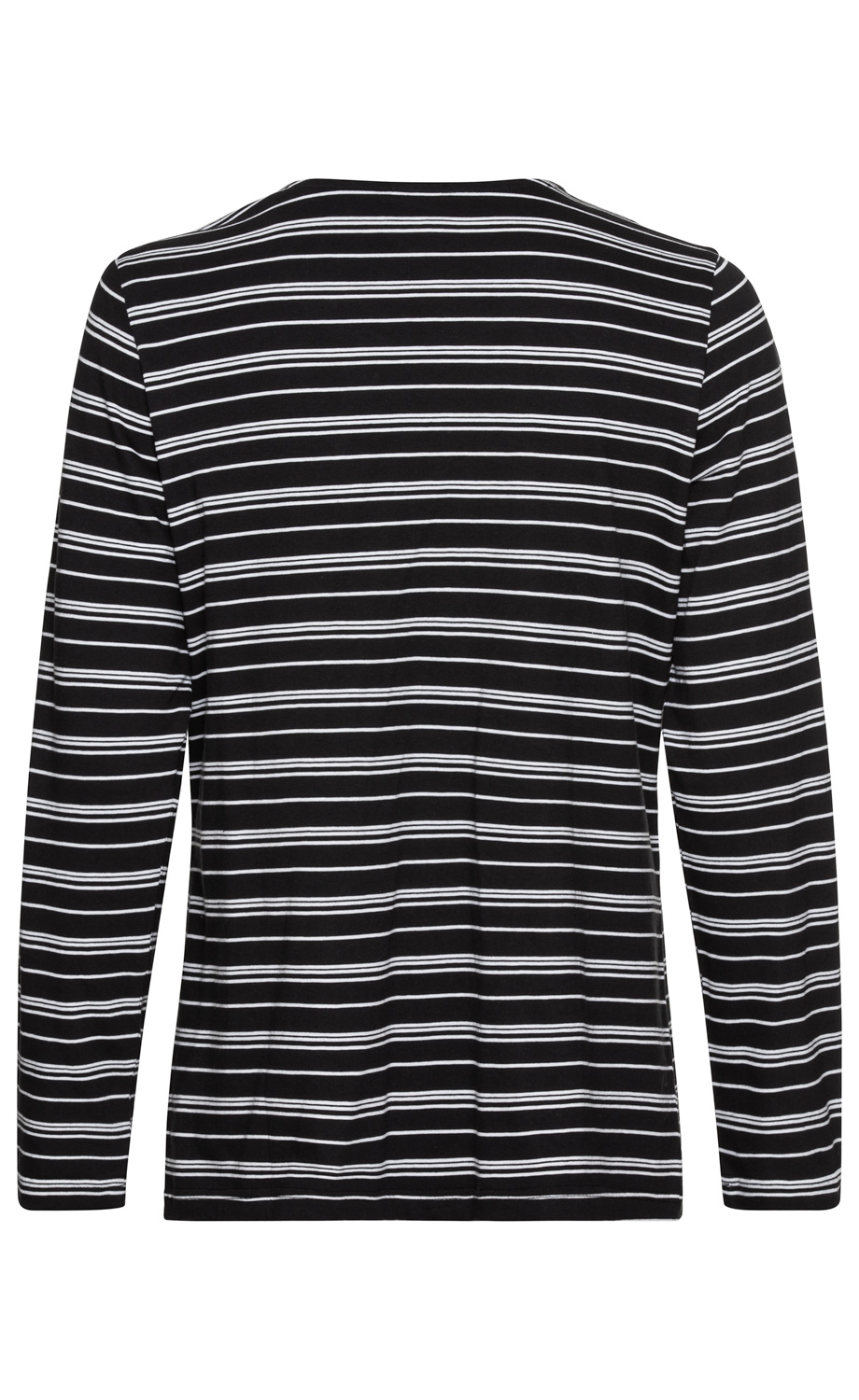 schwarz-weiß gestreiftes Baumwoll-Shirt, langärmlig, mit horizontalen weißen Linien auf schwarzem Hintergrund, Rückansicht, gerade geschnitten, einfaches Design