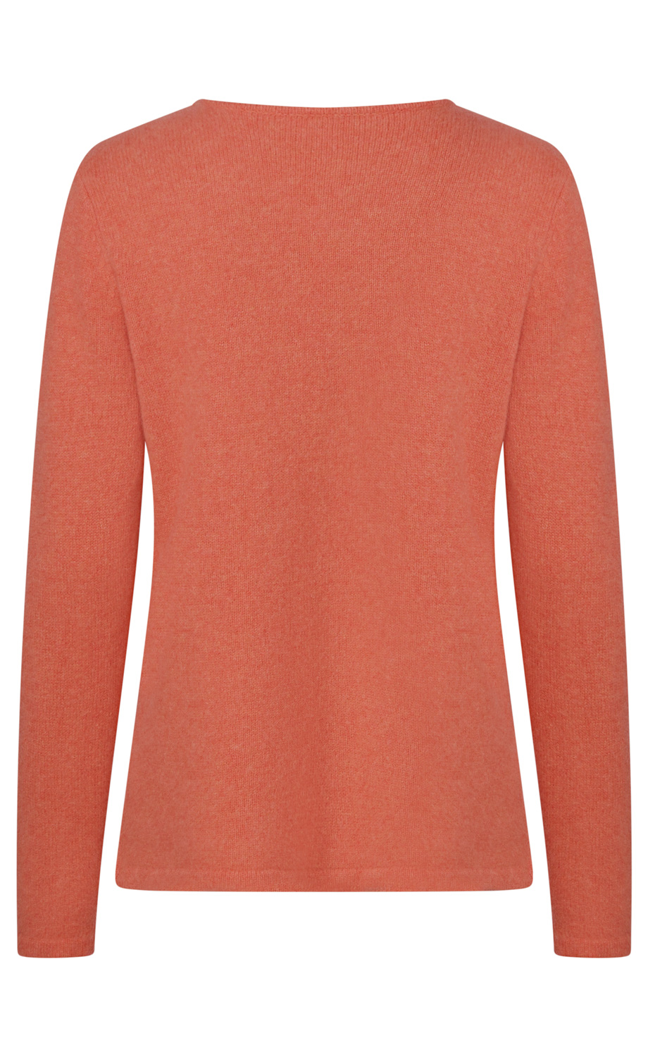 Korallfarbener Langarm-Pullover aus weichem, gestricktem Material, gerade geschnitten, ohne Muster oder Verzierungen, abgebildet von hinten vor weißem Hintergrund