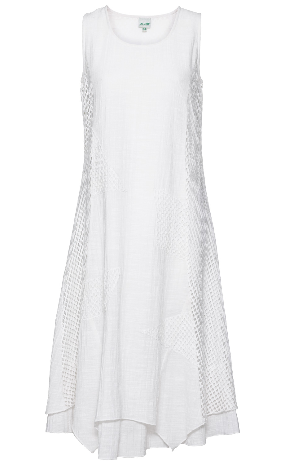 Weißes ärmelloses Baumwollkleid mit lockerem Schnitt, asymmetrischem Saum und Einsätzen aus transparentem Mesh-Stoff an den Seiten, Größe 38, ideal für sommerliche Looks.