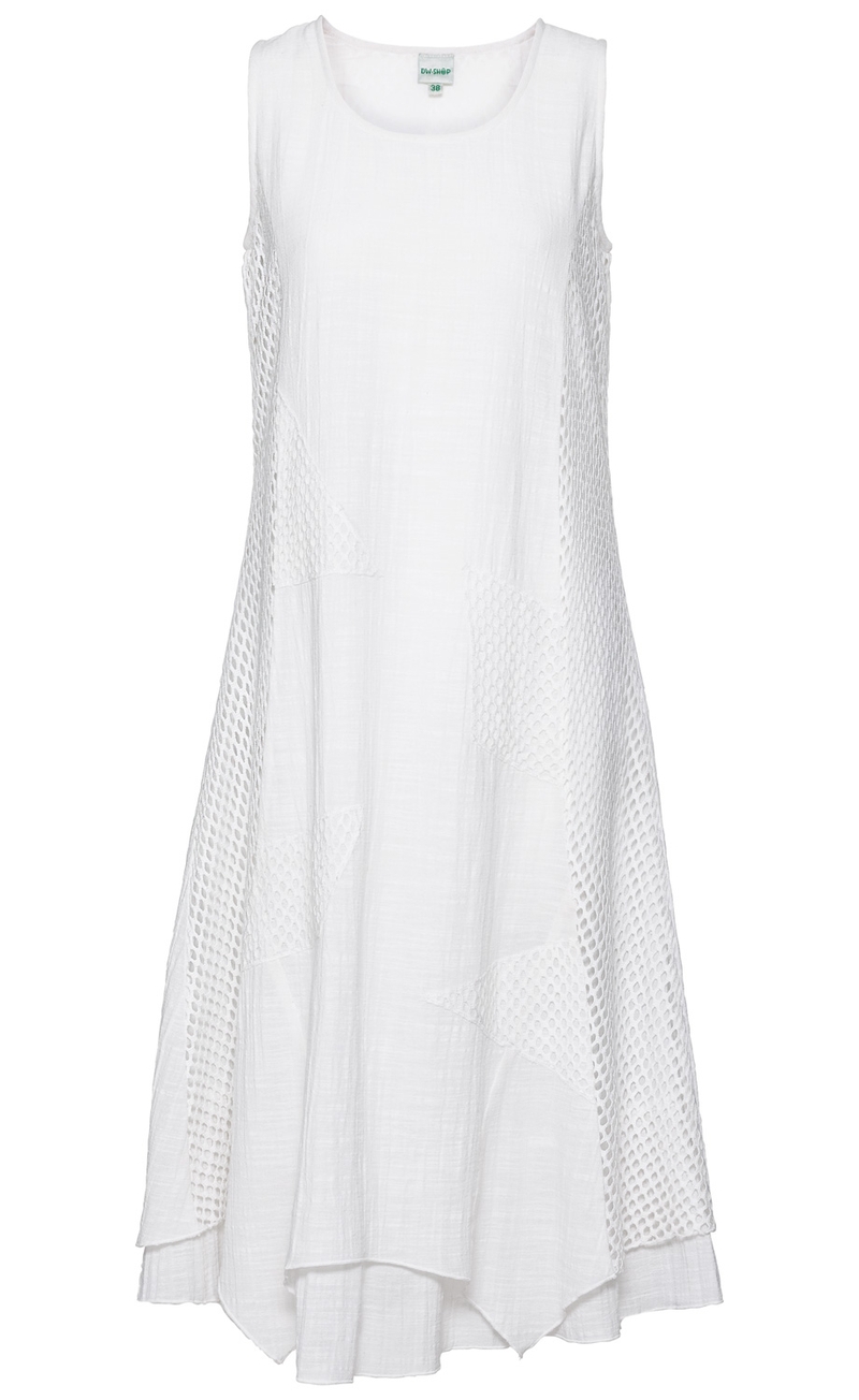 Weißes ärmelloses Baumwollkleid mit lockerem Schnitt, asymmetrischem Saum und Einsätzen aus transparentem Mesh-Stoff an den Seiten, Größe 38, ideal für sommerliche Looks.