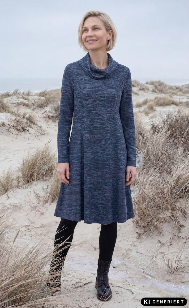 Frau trägt langärmliges, dunkelblau meliertes Viskose-Mix Shirt mit weitem Rollkragen, schwarze Leggings und schwarze Schnürstiefel am Strand mit Dünengras unter bewölktem Himmel