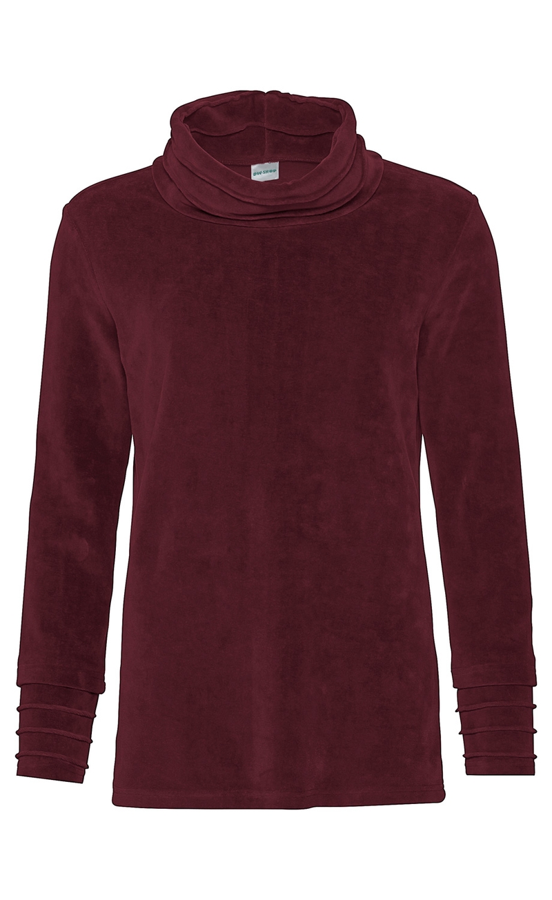 dunkelrotes langärmeliges Baumwoll-Shirt mit lockerem Rollkragen und Raffung an den Ärmelenden, schlicht und ohne Muster, gerade geschnitten