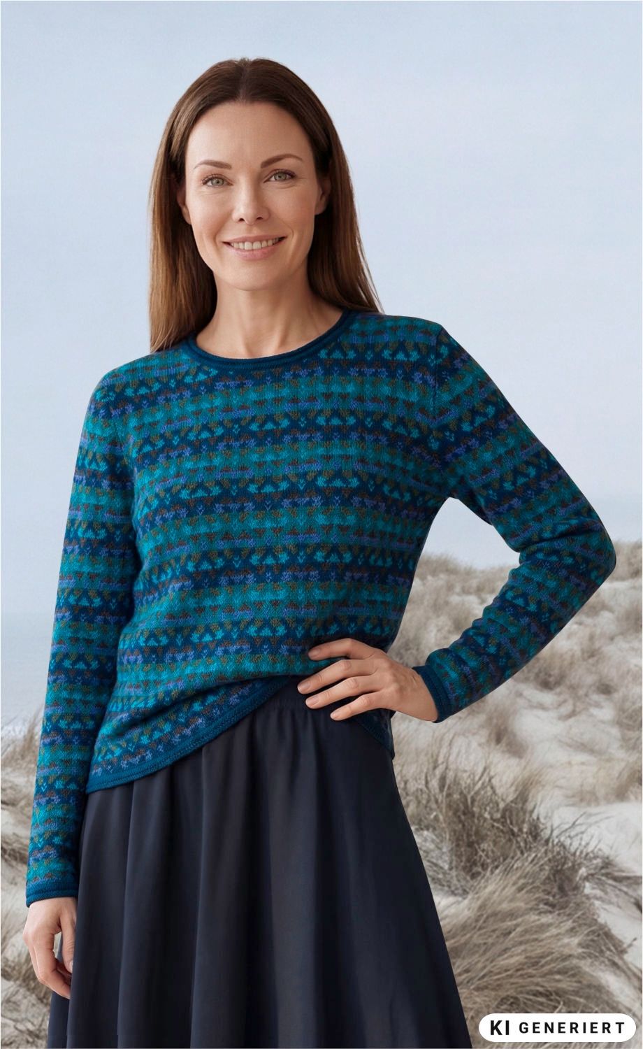 Frau trägt blauen Alpaka-Pullover mit geometrischem Muster, langer Ärmel, steht vor sandiger Dünenlandschaft, Hand in Taille, lächelnd, trägt schwarzen Rock