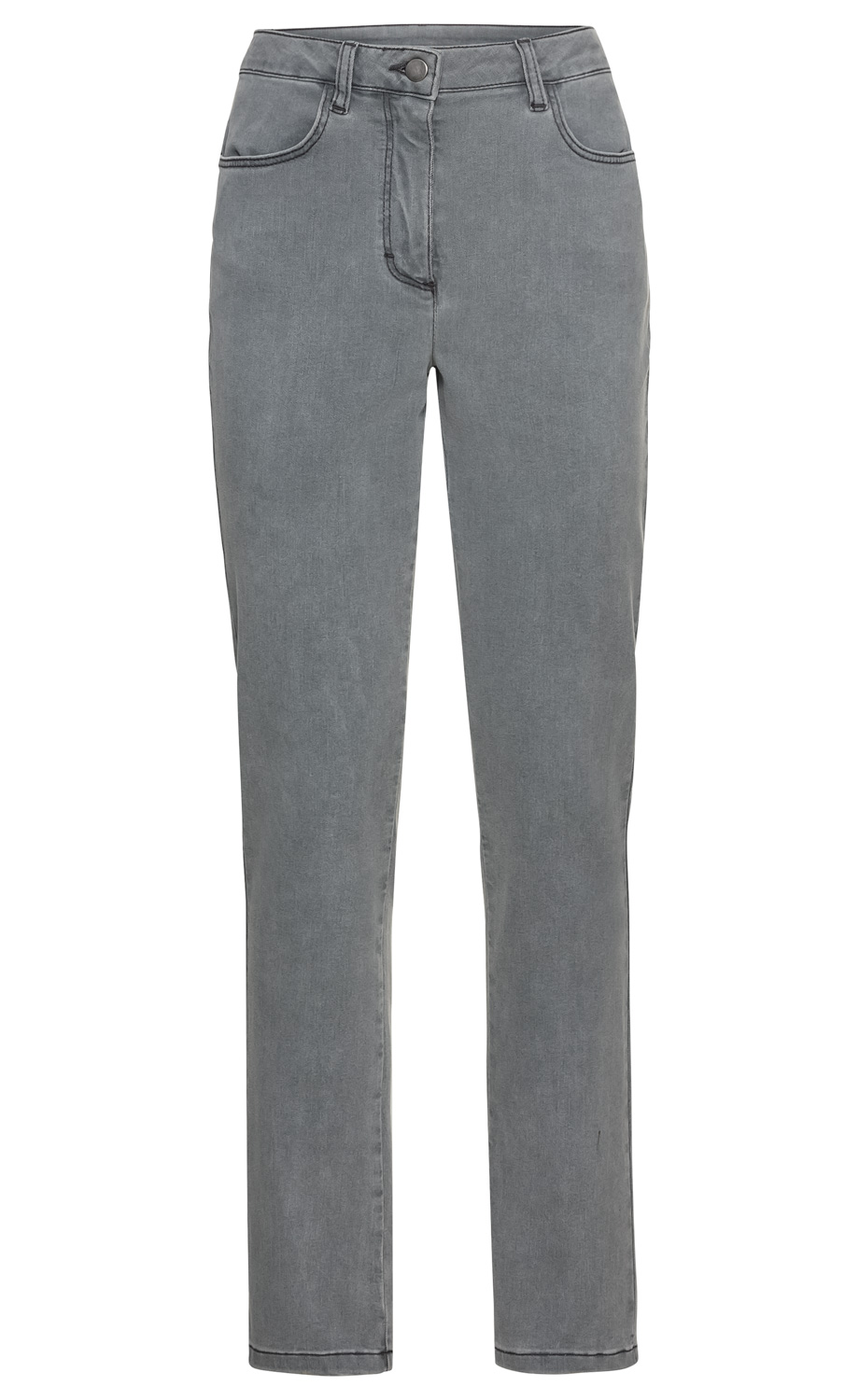 graue Baumwoll-Mix-Hose mit geradem Bein, Knopf- und Reißverschluss, zwei Eingrifftaschen vorne, Bund mit Gürtelschlaufen, schlichtes Design, geeignet für lässige und alltagstaugliche Outfits