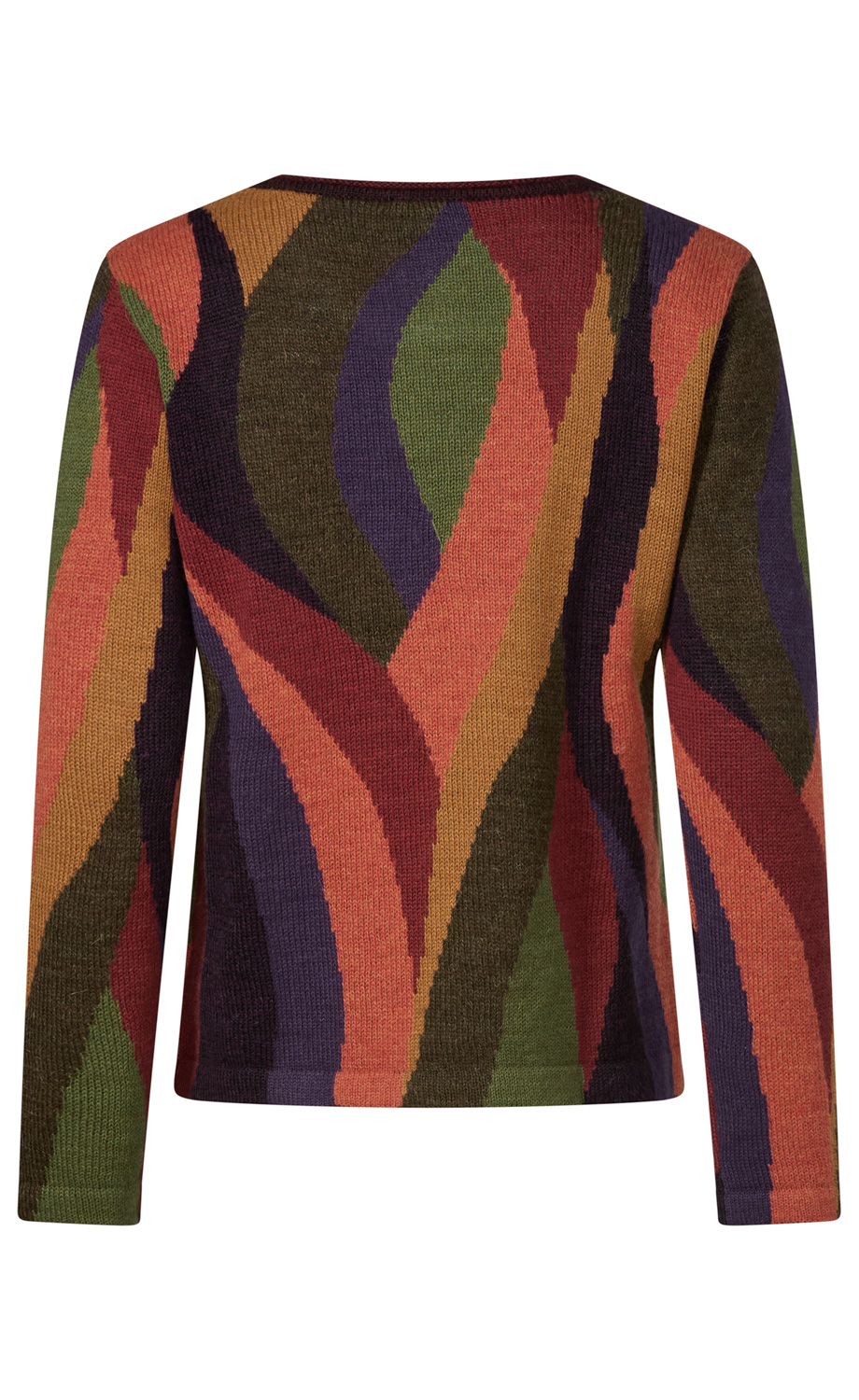 Rückenansicht eines langärmligen Strickpullovers mit abstraktem Wellenmuster in den Farben Rot, Orange, Grün, Lila, Braun und Schwarz auf weißem Hintergrund