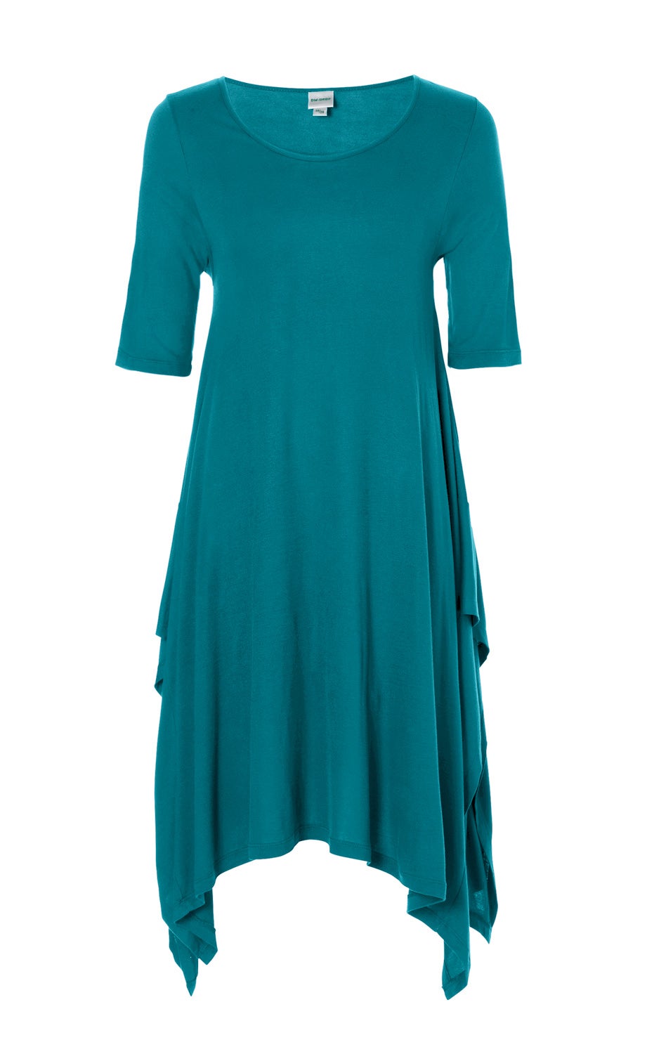 Viskose-Kleid in Türkis mit halblangen Ärmeln, rundem Ausschnitt und asymmetrischem, zipfeligem Saum, locker sitzende Passform, fließendes Material