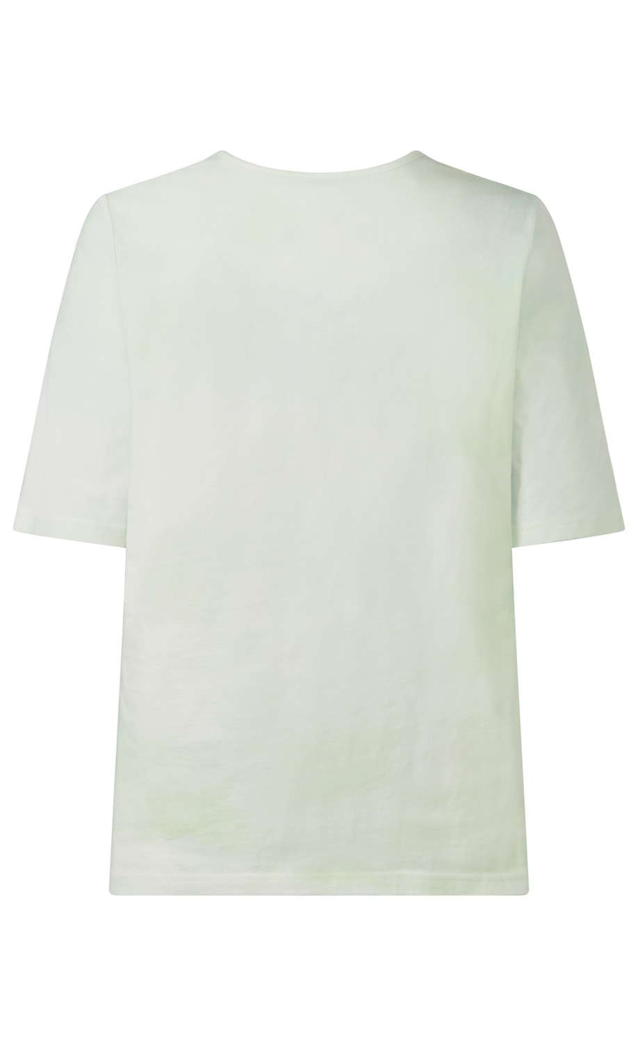 Baumwoll-Shirt in heller Farbe, Rückansicht, kurzärmelig, Rundhalsausschnitt, schlichtes Design, glatter Stoff, gerade geschnitten