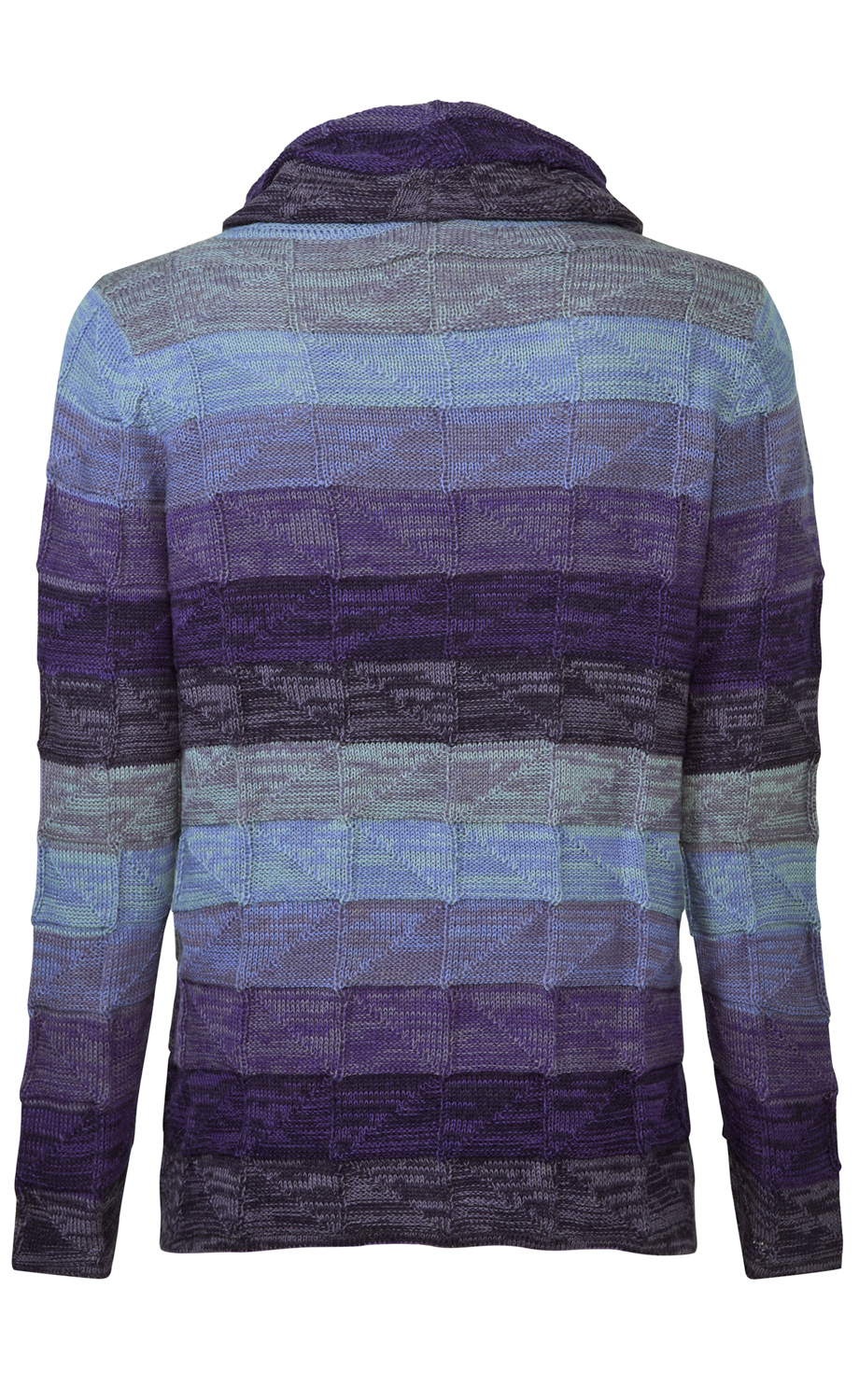 Rückansicht eines langärmligen Strickpullovers mit Kapuze, gemustert mit rechteckigen Feldern in verlaufenden Blautönen und Violett, strukturierte Oberfläche, dünne Bündchen an Ärmeln und Saum