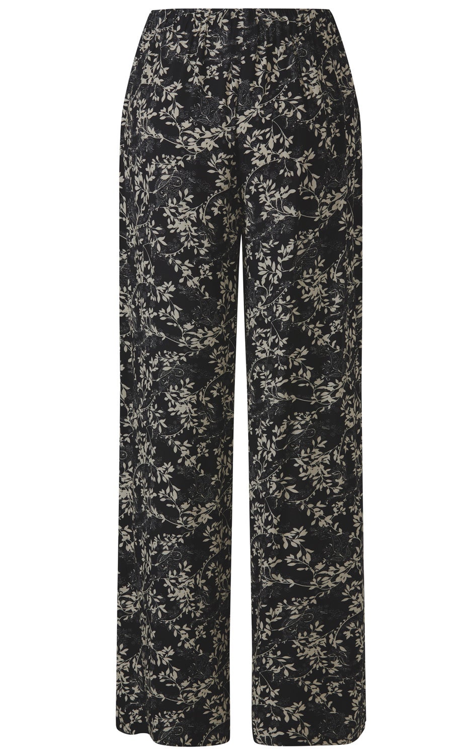 schwarze Viskose-Hose mit weitem Bein, Band mit elastischem Bund, durchgehendem hellbeigem floralen Pflanzenmuster
