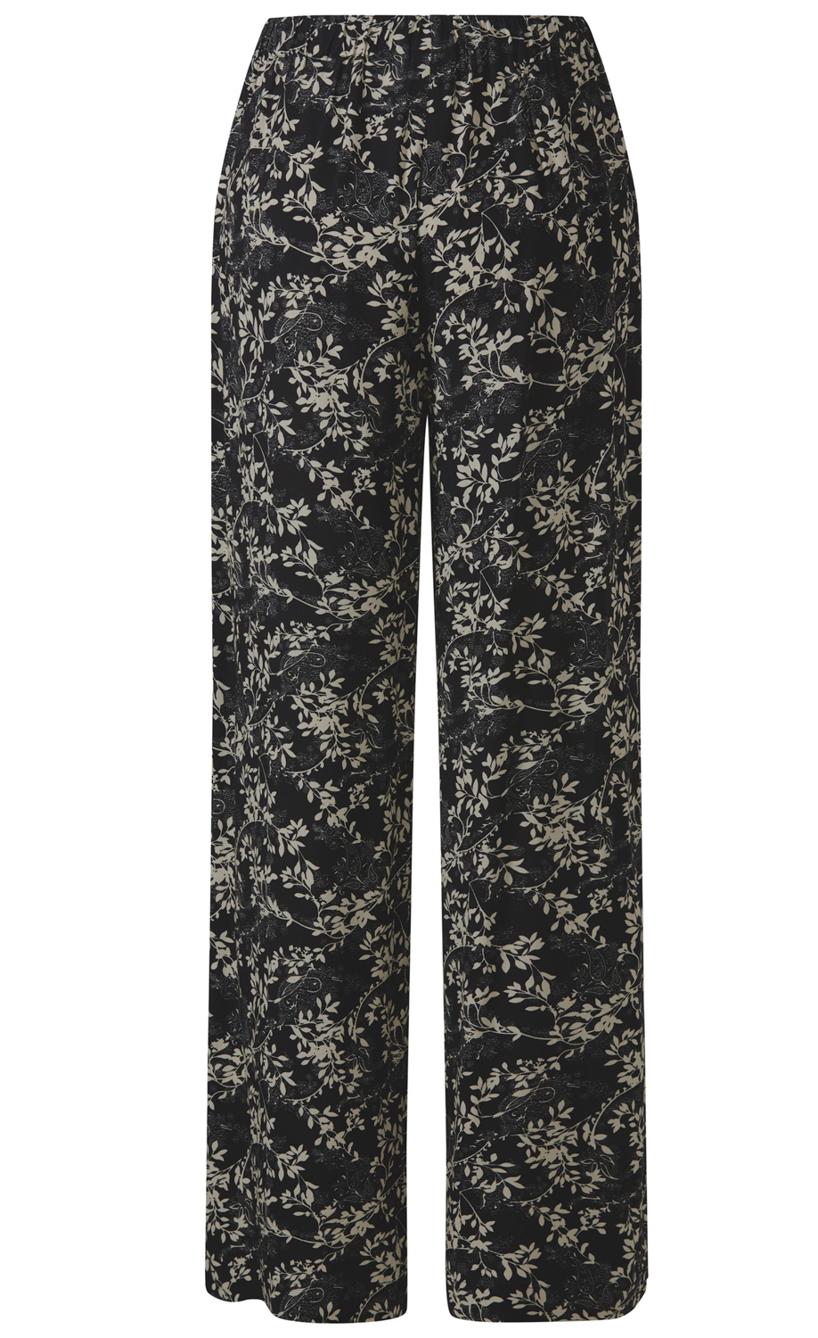 schwarze Viskose-Hose mit weitem Bein, Band mit elastischem Bund, durchgehendem hellbeigem floralen Pflanzenmuster