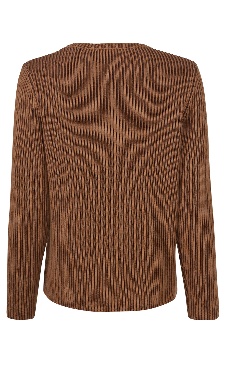 Baumwoll-Pullover in Braun, Rückansicht, langärmlig, gerippte Strickstruktur, runder Ausschnitt, gerade Passform, elastischer Bundabschluss, weiches Material