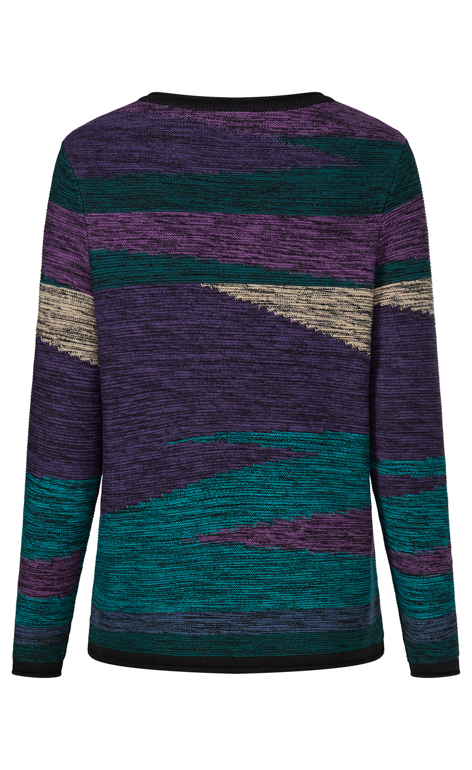 Rückenansicht eines langärmligen Strickpullovers mit abstraktem Muster in Lila, Türkis, Dunkelgrün und Beige, mit rundem Ausschnitt und schwarzem Saum am Hals und Bund