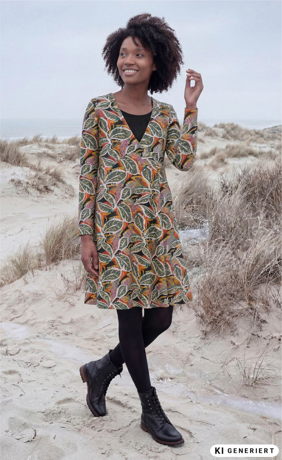 Frau am Strand trägt langärmliges Baumwoll-Mix-Kleid mit buntem, floralem Muster, schwarze Strumpfhose und schwarze Schnürstiefel, lächelt und blickt seitlich, sandige Dünen und lichte Vegetation im Hintergrund