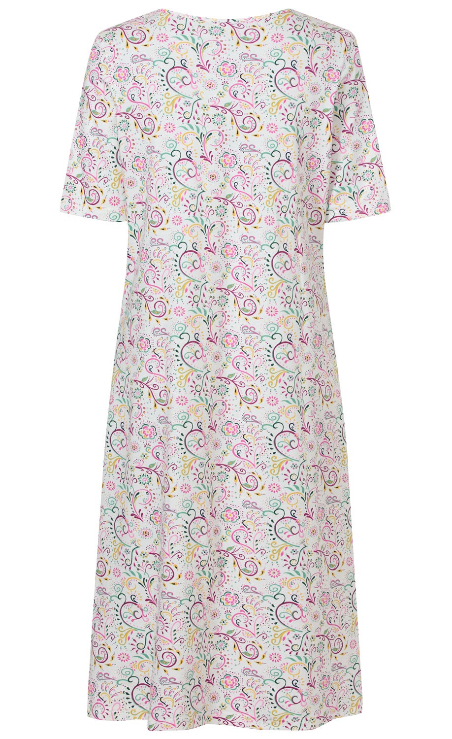 Baumwoll-Nachthemd mit kurzen Ärmeln, weißer Grundfarbe, bunte florale und geschwungene Muster in Rosa, Gelb, Grün und Schwarz, knielang, lockere Passform, leicht ausgestellt
