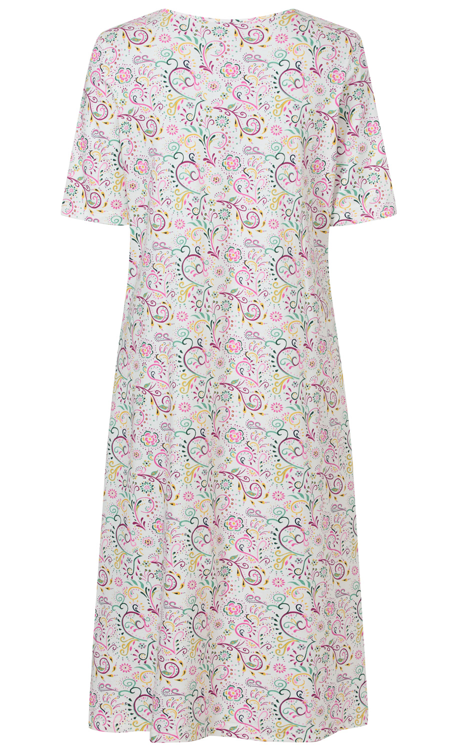 Baumwoll-Nachthemd mit kurzen Ärmeln, weißer Grundfarbe, bunte florale und geschwungene Muster in Rosa, Gelb, Grün und Schwarz, knielang, lockere Passform, leicht ausgestellt