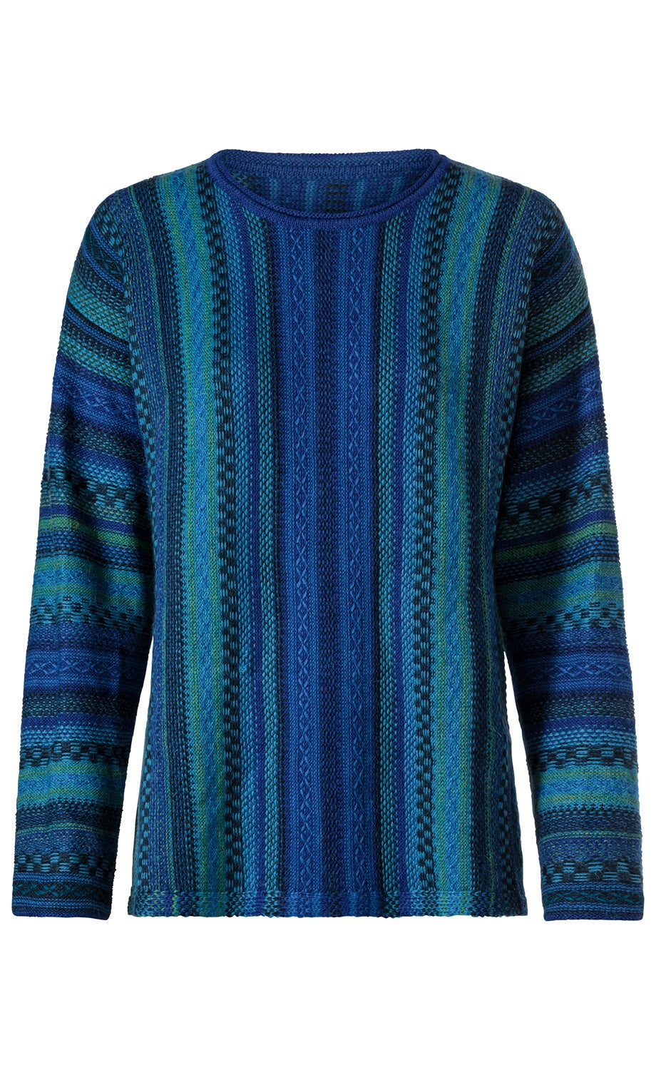 Blauer Alpaka-Pullover mit langen Ärmeln, feiner Strickstruktur und vertikalen Streifen in verschiedenen Blautönen und dunklem Grün, Rundhalsausschnitt, angenehme, leichte Wollqualität, klassische Passform.