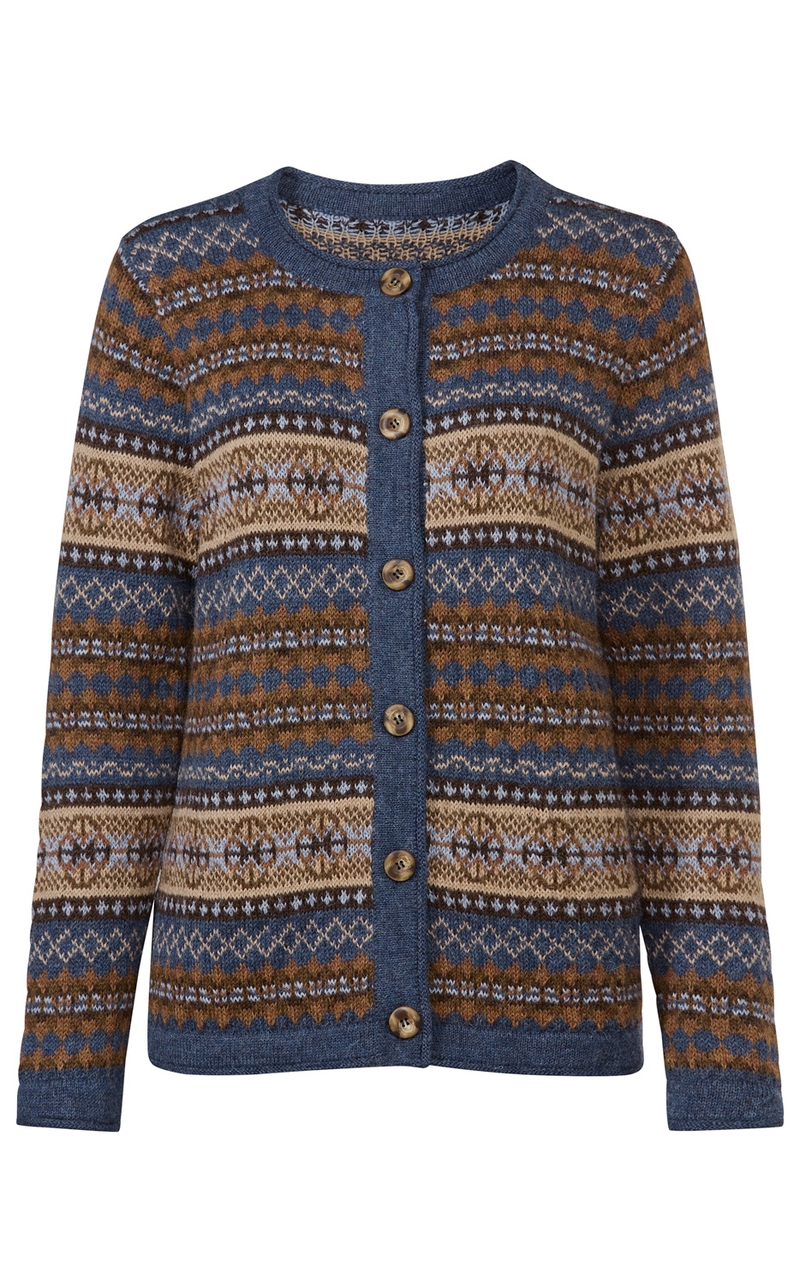 Alpaka-Strickjacke mit Rundhalsausschnitt, Knopfleiste und langem Arm, gemustert in Blau, Braun und Beige mit Norwegermuster