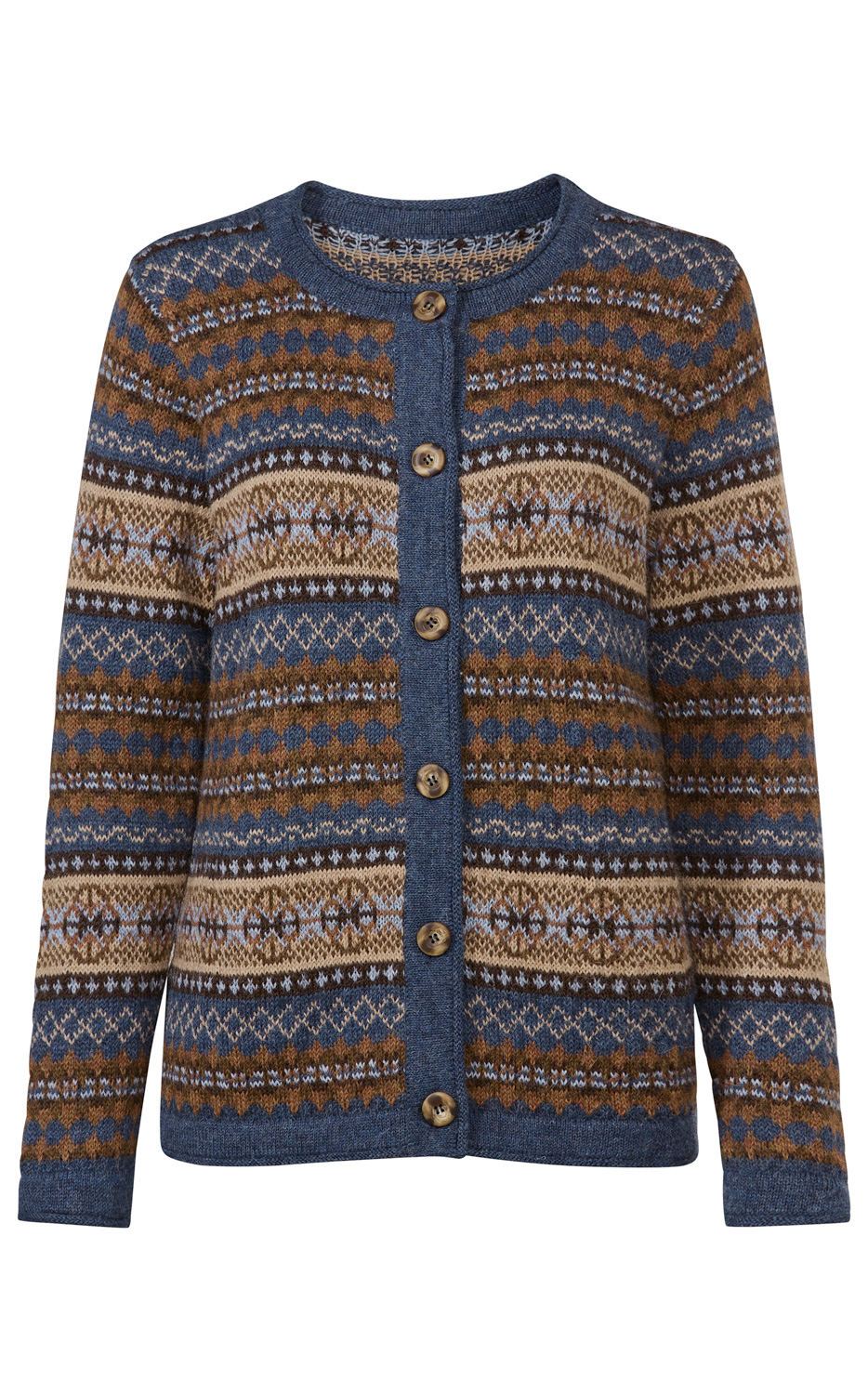 Alpaka-Strickjacke mit Rundhalsausschnitt, Knopfleiste und langem Arm, gemustert in Blau, Braun und Beige mit Norwegermuster