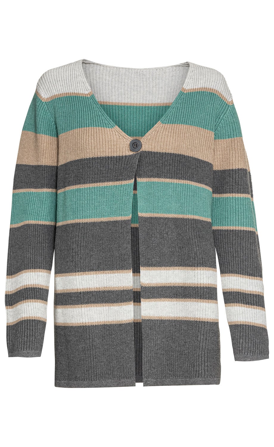 Baumwoll-Strickjacke mit V-Ausschnitt, längslangem Schnitt und Knopfverschluss, in Grautönen mit weißen, beige und mintgrünen horizontalen Streifen, gerippte Struktur, lange Ärmel
