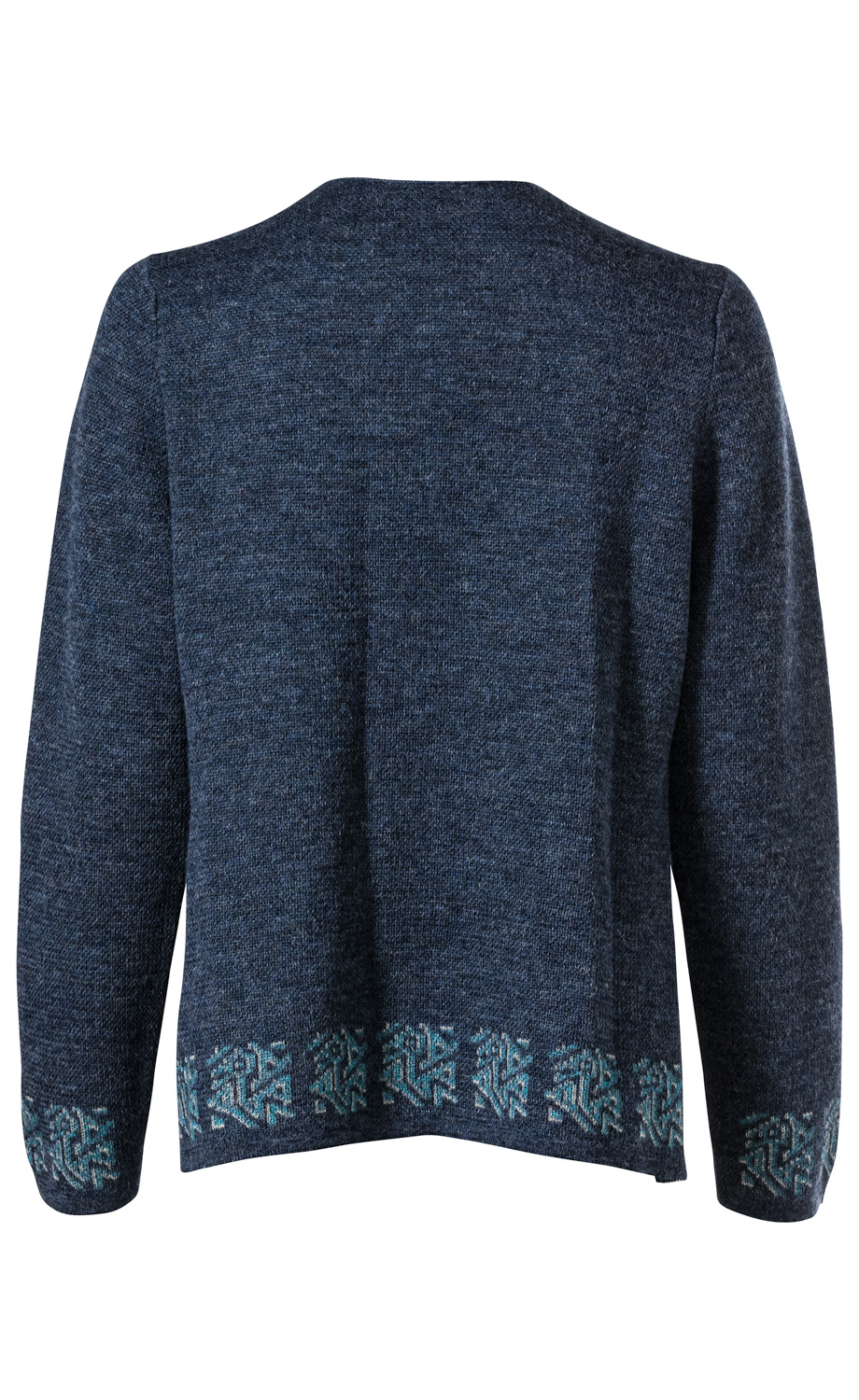 Rückansicht einer dunkelblauen Alpaka-Strickjacke mit langem Arm und türkisem Muster entlang des Saums und der Ärmelbündchen, weiche und strukturierte Wolloptik