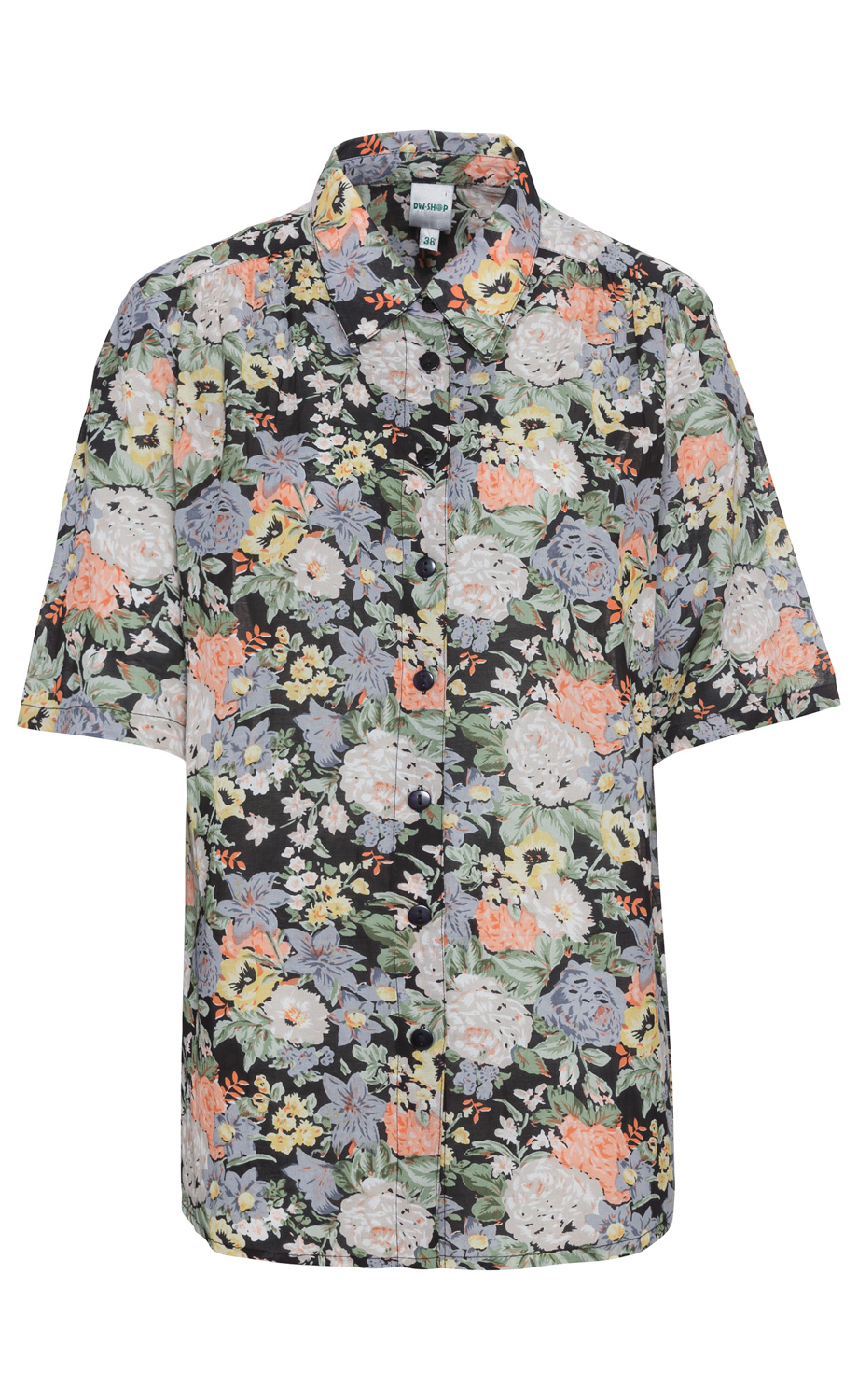 Viskose-Mix-Bluse, kurze Ärmel, durchgehende Knopfleiste, schwarzer Hintergrund mit floralem Muster in Weiß, Orange, Gelb, Helllila und Grün, klassischer Hemdkragen, lockere Passform
