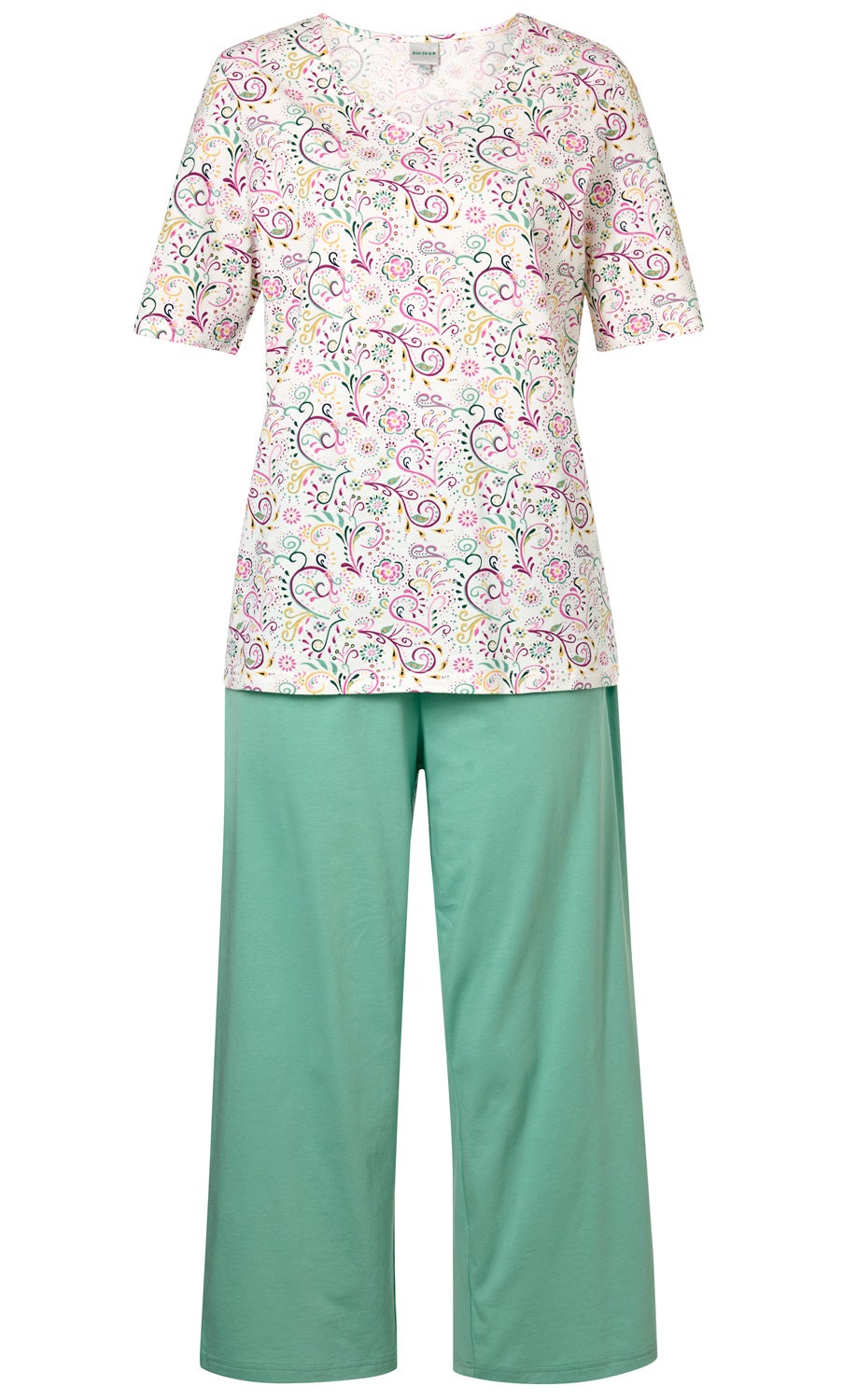 Baumwoll-Schlafanzug mit kurzärmligem weißen Oberteil, florales Muster in Rosa, Gelb und Grün, dazu einfarbige, locker sitzende, hellgrüne 3/4-Hose