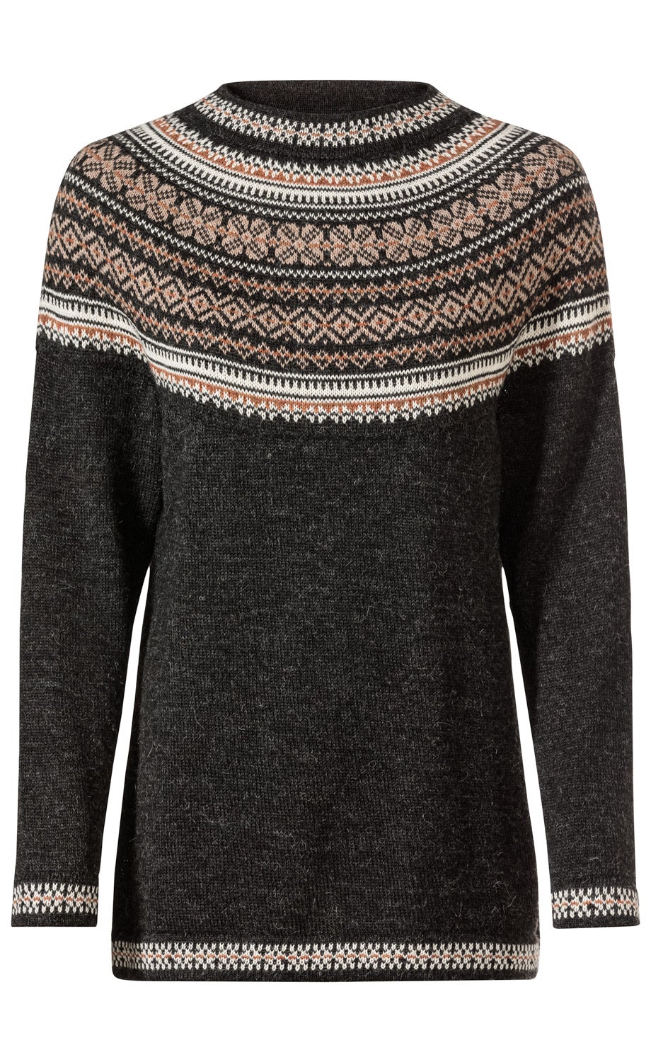 Dunkelgrauer Alpaka-Pullover mit Rundhalsausschnitt, mehrfarbigem Norwegermuster in Braun, Weiß und Beige am oberen Bereich, Bündchen und Saum, lange Ärmel, dicke, warme Strickqualität.