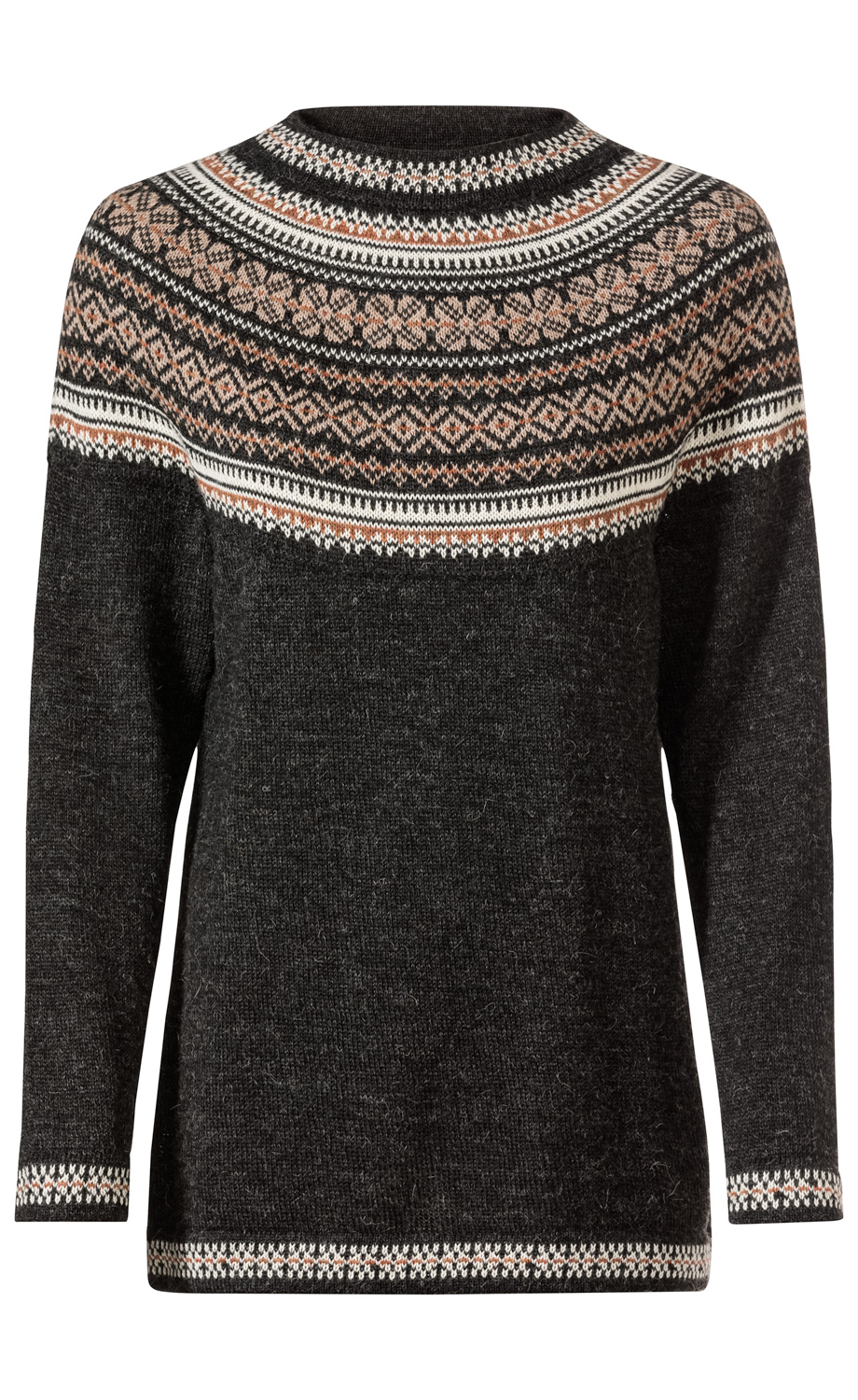 Dunkelgrauer Alpaka-Pullover mit Rundhalsausschnitt, mehrfarbigem Norwegermuster in Braun, Weiß und Beige am oberen Bereich, Bündchen und Saum, lange Ärmel, dicke, warme Strickqualität.