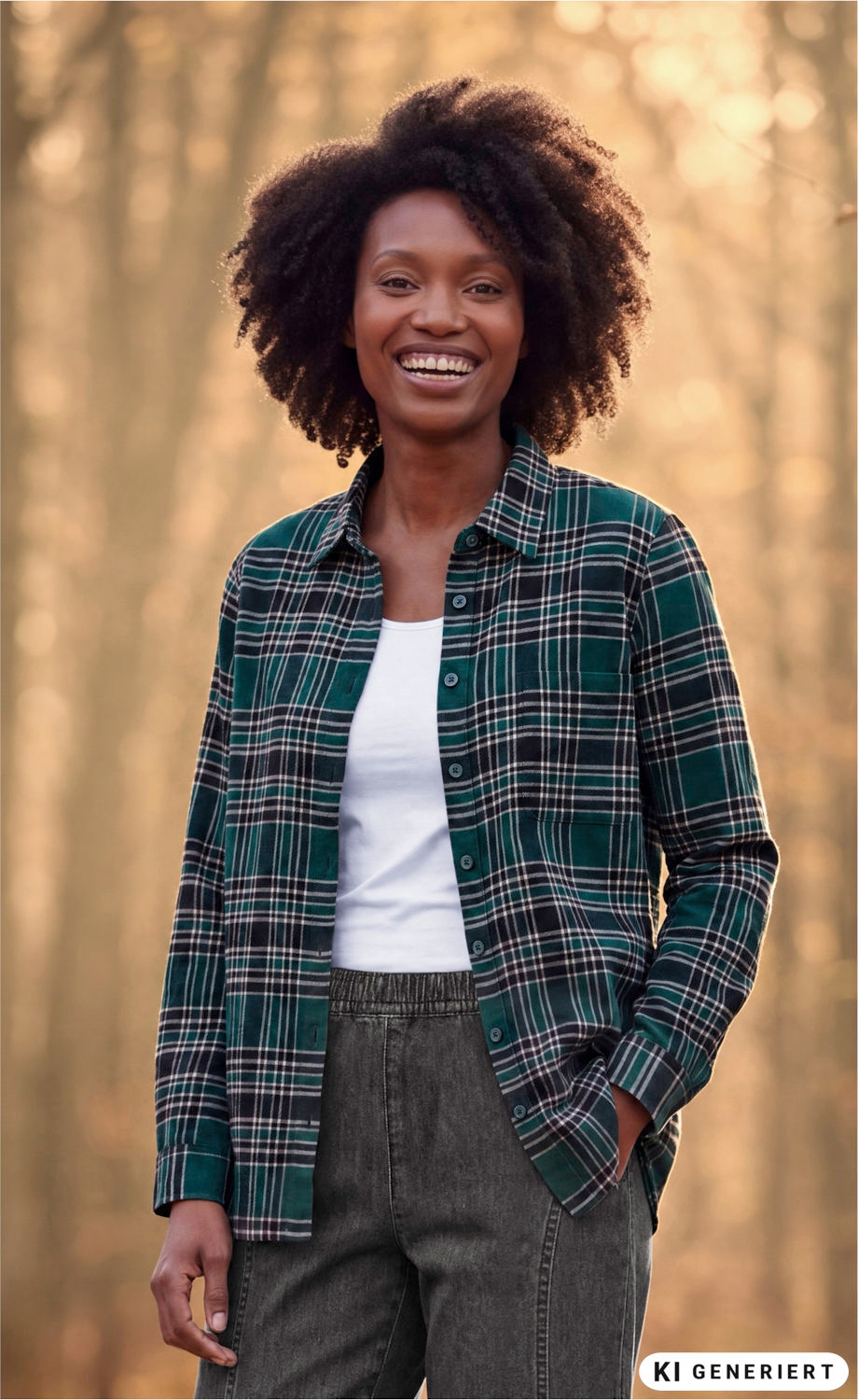 Porträt einer lächelnden Frau mit Afro-Haar, kariertem Hemd in Grün und Weiß, weißem T-Shirt und grauer Hose, steht vor verschwommenem Waldhintergrund mit warmem Licht