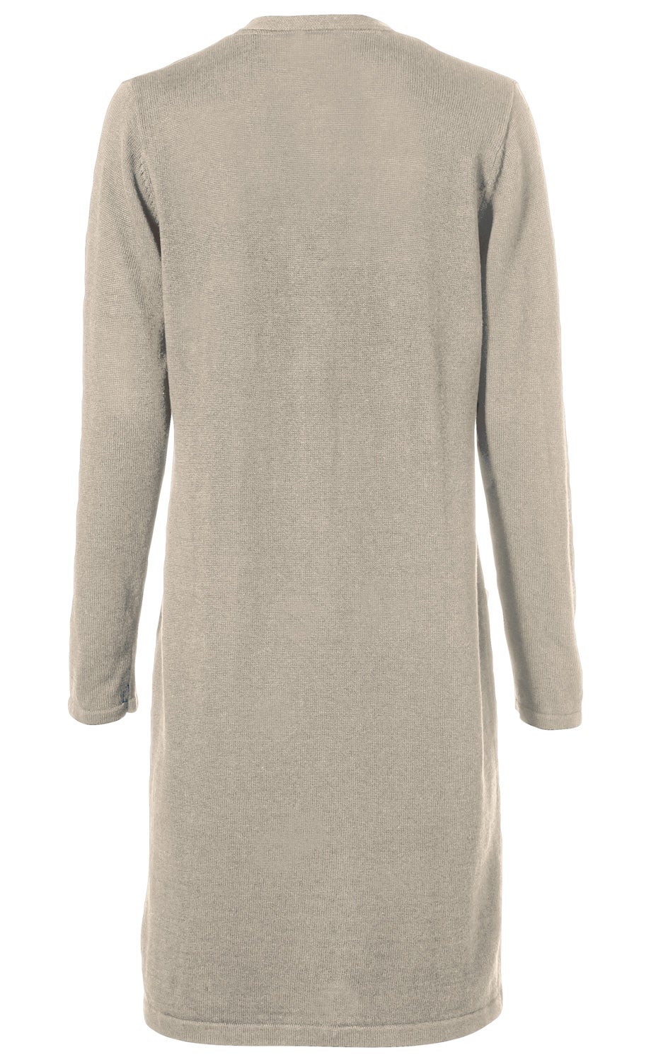 Leinen-Mix-Strickjacke in Beige, lang geschnitten, mit langen Ärmeln, glattem Rückenteil, leichter Struktur, Rundhalsausschnitt und schlichtem Design, Rückansicht.