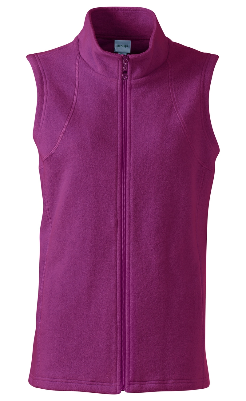 Baumwoll-Fleece-Weste in violett, ärmellos, mit Stehkragen und durchgehendem Reißverschluss, sichtbare Nähte, weiche Textur, schlichtes Design, ohne Muster oder weitere Verzierungen.
