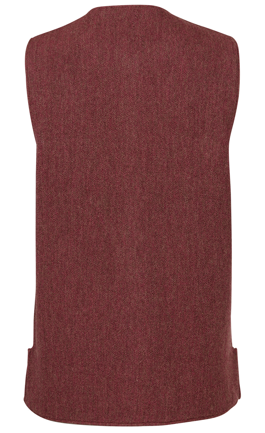 Rückansicht einer bordeauxroten Alpaka-Strickweste mit feiner Struktur, ohne Ärmel, geradem Saum und seitlichen Schlitzen, schlicht und elegant gestaltet.