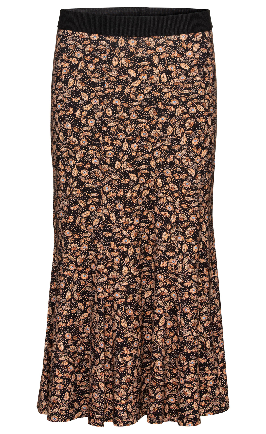 Viskose-Mix-Rock mit schwarzem Hintergrund, feinem floralen Muster in Beige und Blau, ausgestellter Schnitt, elastischer Bund, knie- bis wadenlang