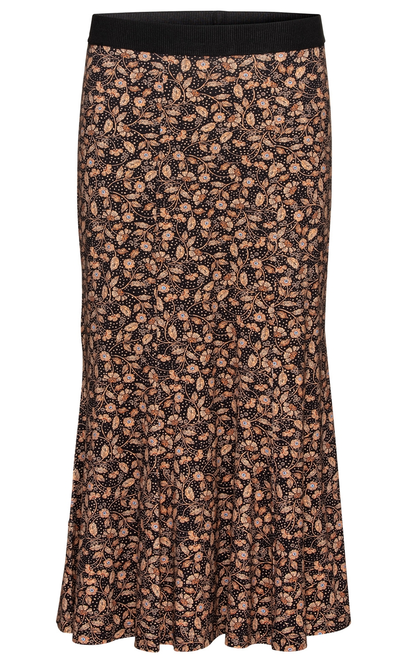Viskose-Mix-Rock mit schwarzem Hintergrund, feinem floralen Muster in Beige und Blau, ausgestellter Schnitt, elastischer Bund, knie- bis wadenlang