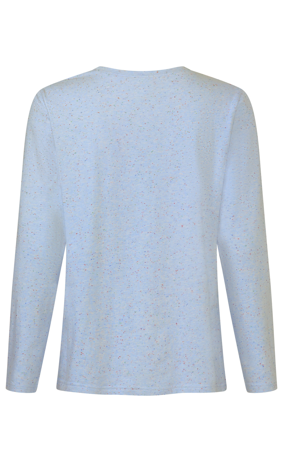 Hellblaues Langarmshirt mit feinen, bunten Sprenkeln, Rückansicht, schlichter Rundhalsausschnitt, gerader Saum, schmale Ärmel, weiche Baumwollstruktur.