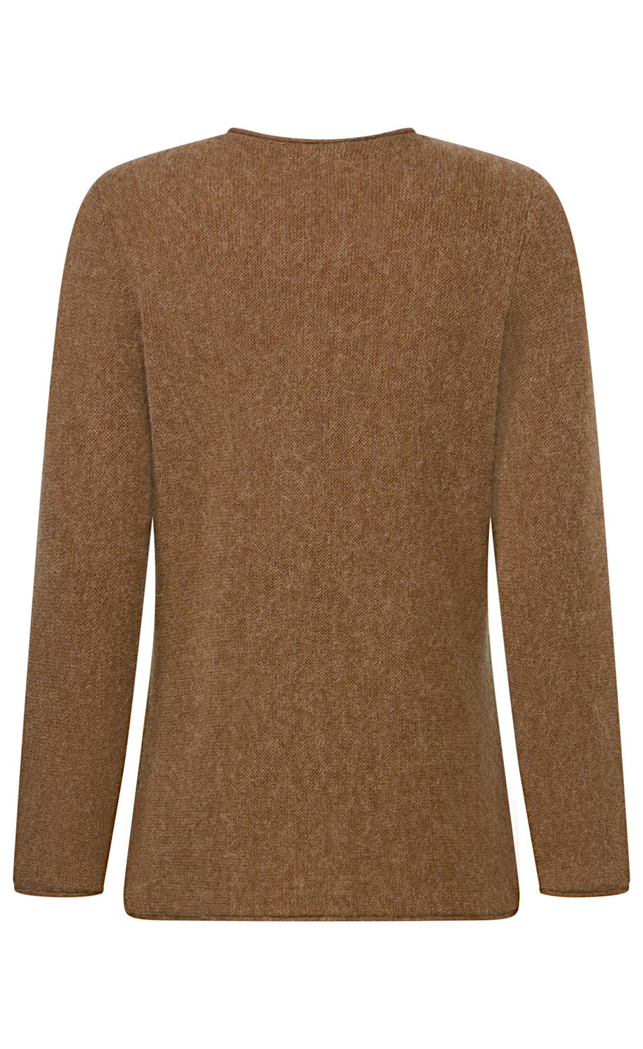 brauner Pullover aus grob gestricktem Stoff, lange Ärmel, schlichte Rückansicht ohne Muster oder Verzierungen