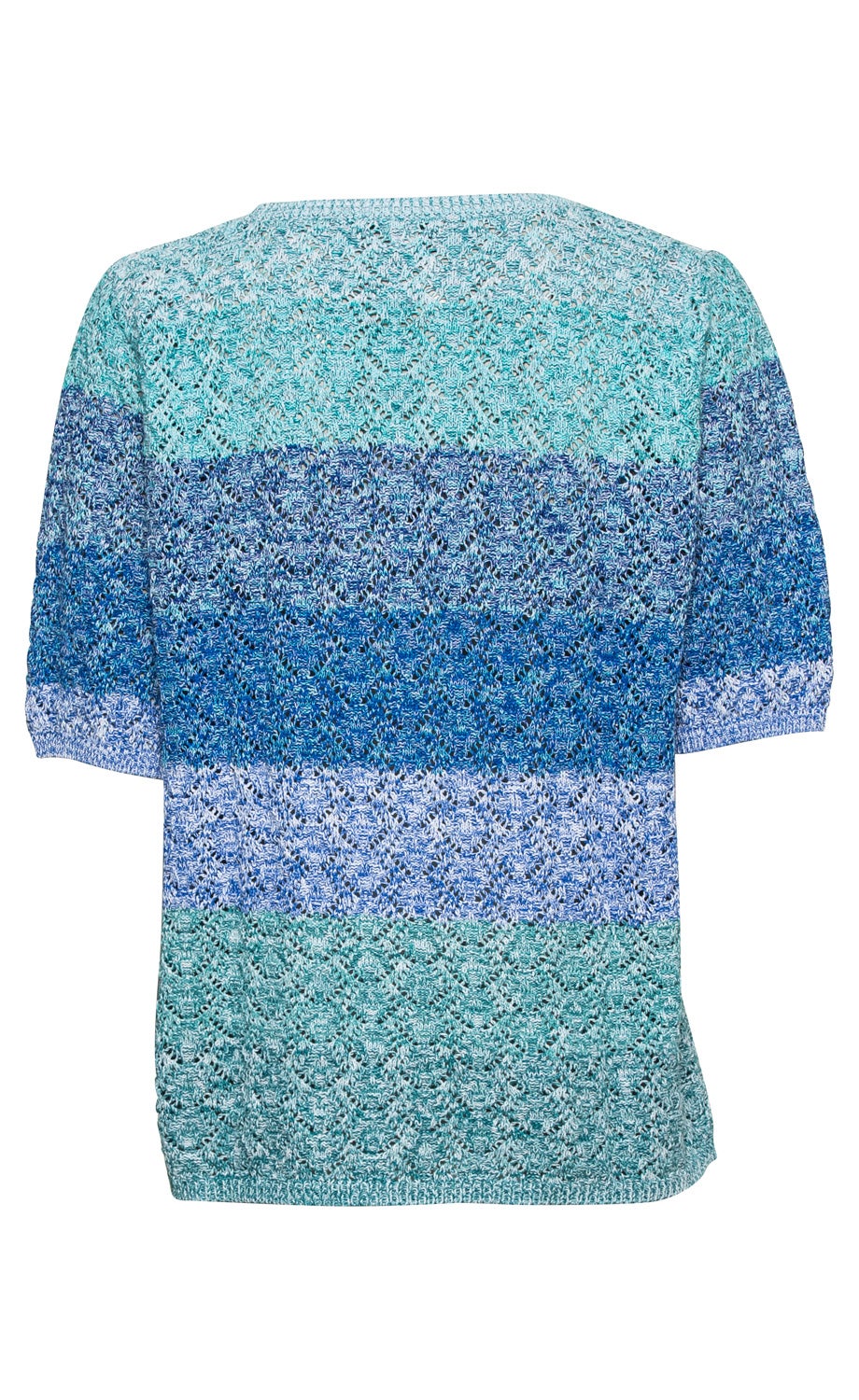 Baumwoll-Pullover in verschiedenen Blautönen, gestrickt mit kurzem Ärmel und feinem Ajourmuster, Rückenansicht, engmaschig, regelmäßiges Rautenmuster, Farbverlauf von Hellblau bis Türkis
