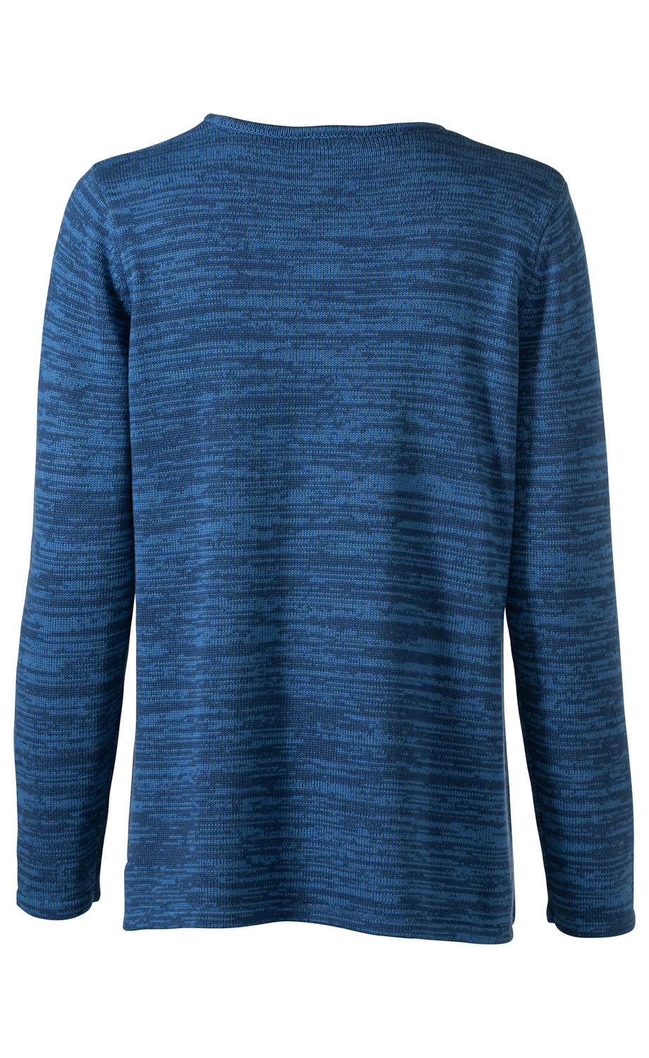Rückansicht eines langärmligen Baumwoll-Pullovers in meliertem Blau mit Rundhalsausschnitt und leicht strukturiertem Strickmuster