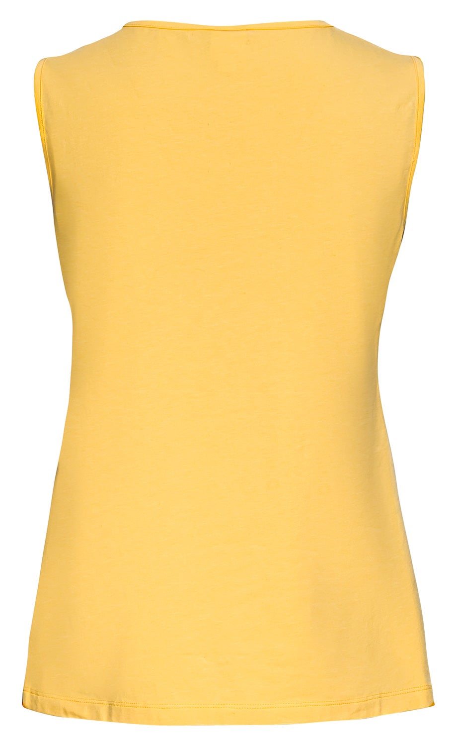 Rückansicht eines ärmellosen Baumwoll-Mix-Tops in hellgelber Farbe, mit schmalem Rundhalsausschnitt und schlichter, glatter Oberfläche.