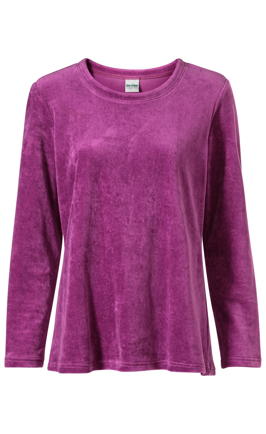Damen Baumwoll-Shirt in violett mit Rundhalsausschnitt und langen Ärmeln, weich strukturierter Stoff, gerade geschnitten.