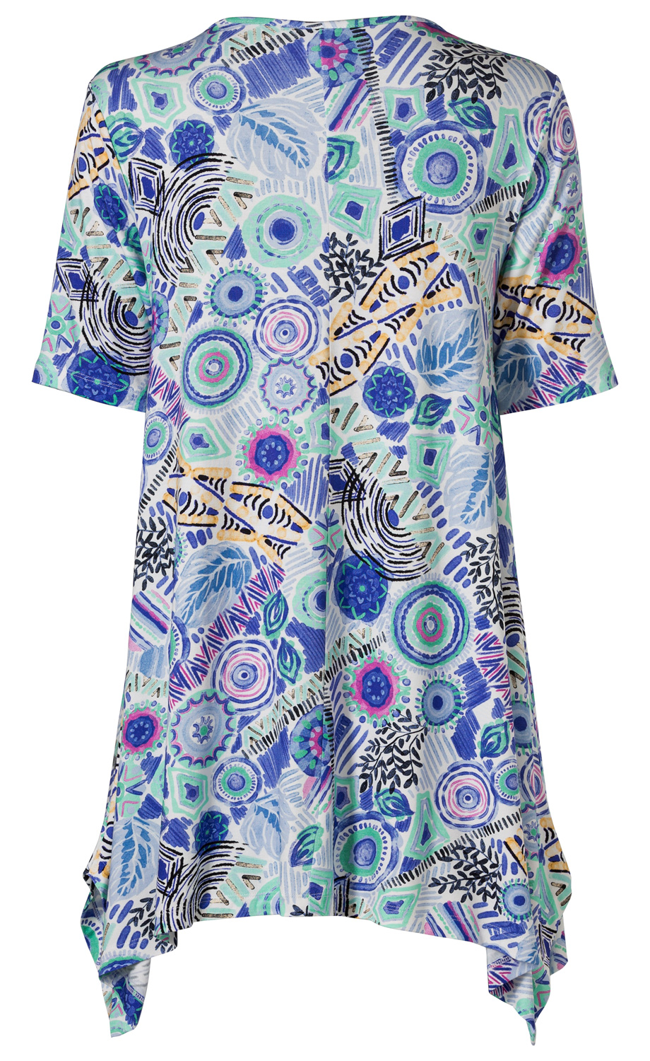Viskose-Mix-Shirt mit buntem abstraktem Muster in Blau-, Grün- und Rosatönen, kurzen Ärmeln, lockerem Schnitt und asymmetrischem Saum.