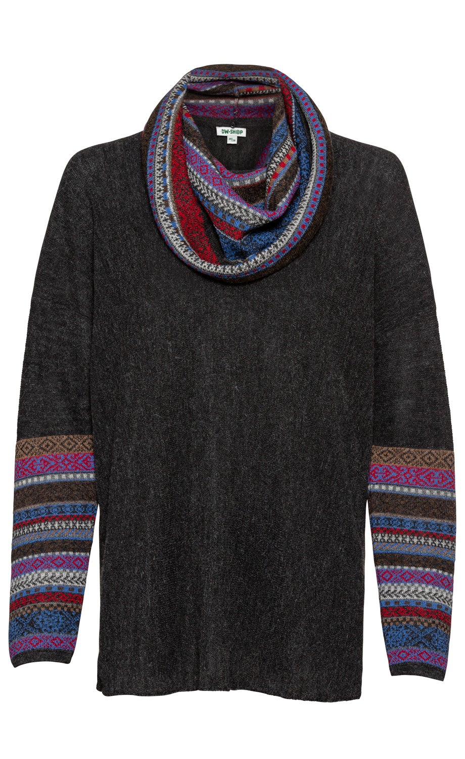 Dunkelgrauer Alpaka-Pullover mit langem Arm, farbigen, gemusterten Streifen an den Ärmeln und passendem, buntem Rundschal mit rot-blau-grauen Mustern am Kragen