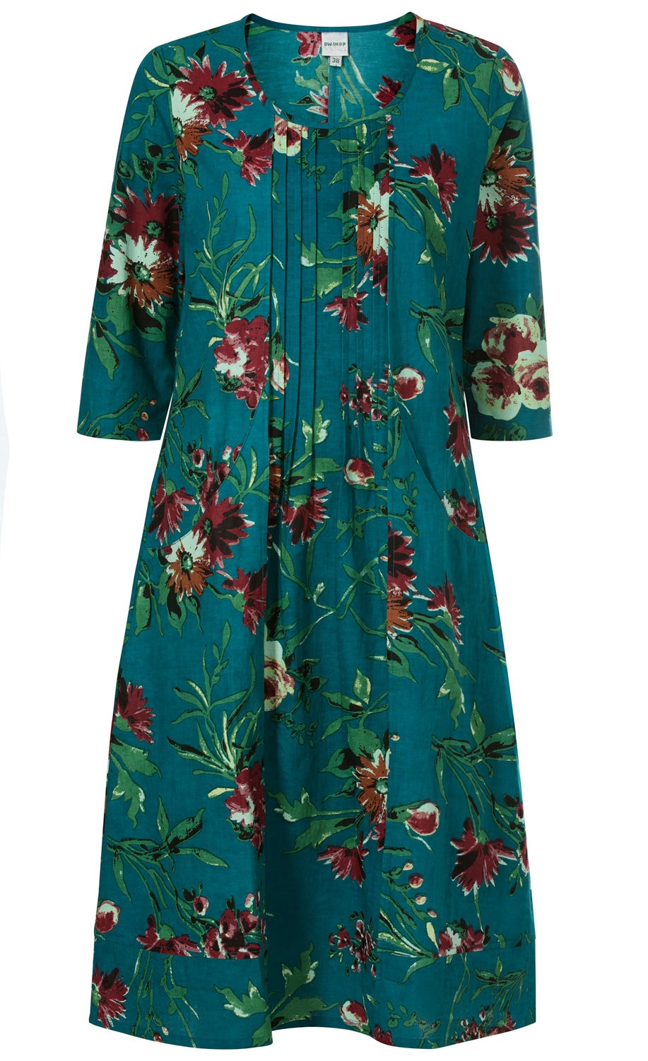 Baumwoll-Mix-Kleid in Petrol mit floralem Print in Rot- und Grüntönen, Rundhals, 3/4-Ärmel, Brustfalten und seitlichen Taschen, knieumspielende A-Linie.