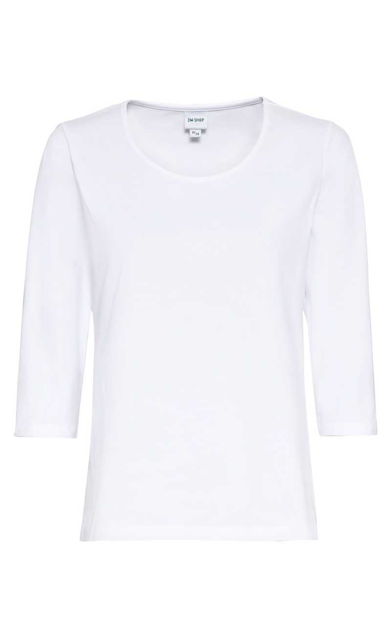 Baumwoll-Mix-Shirt in weiß, Damenoberteil mit Rundhalsausschnitt und halblangen Ärmeln, schlichte und zeitlose Passform, Größe 36/38, glatt und ohne Muster
