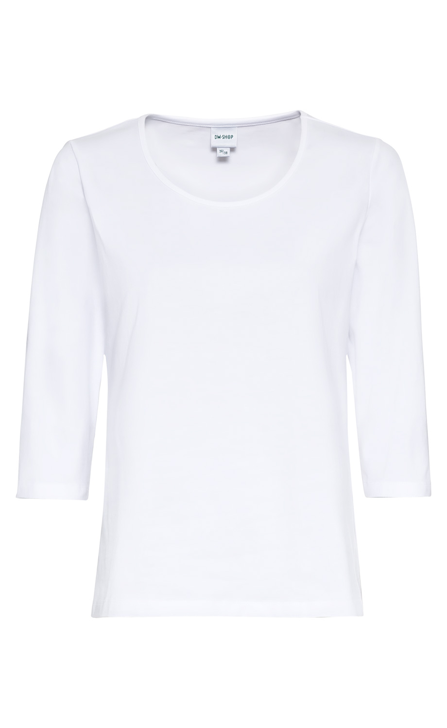 Baumwoll-Mix-Shirt in weiß, Damenoberteil mit Rundhalsausschnitt und halblangen Ärmeln, schlichte und zeitlose Passform, Größe 36/38, glatt und ohne Muster