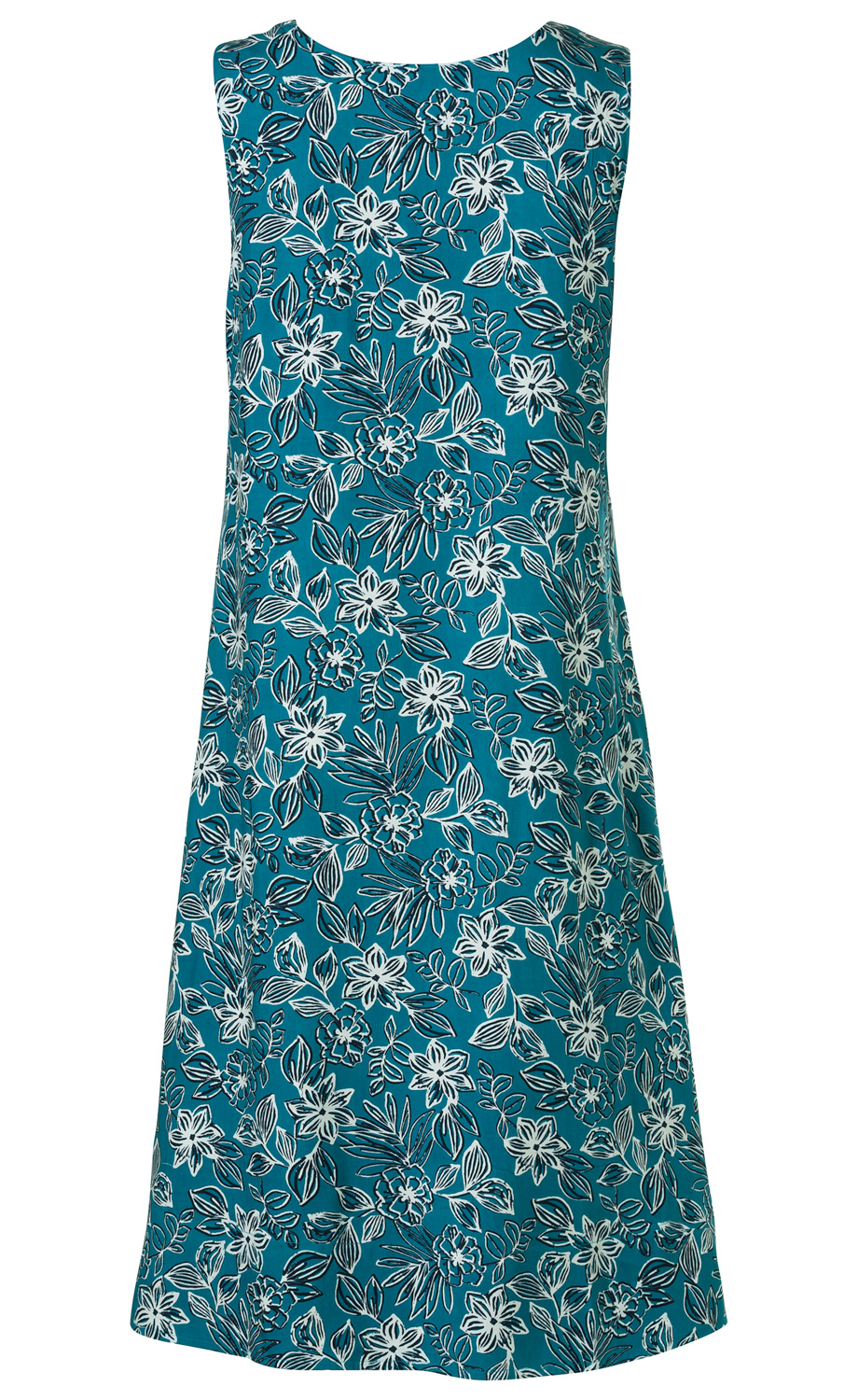 Ärmelloses Viskose-Kleid in Türkis mit weißem und schwarzem floralen Muster, rundem Ausschnitt und leicht ausgestelltem Schnitt.