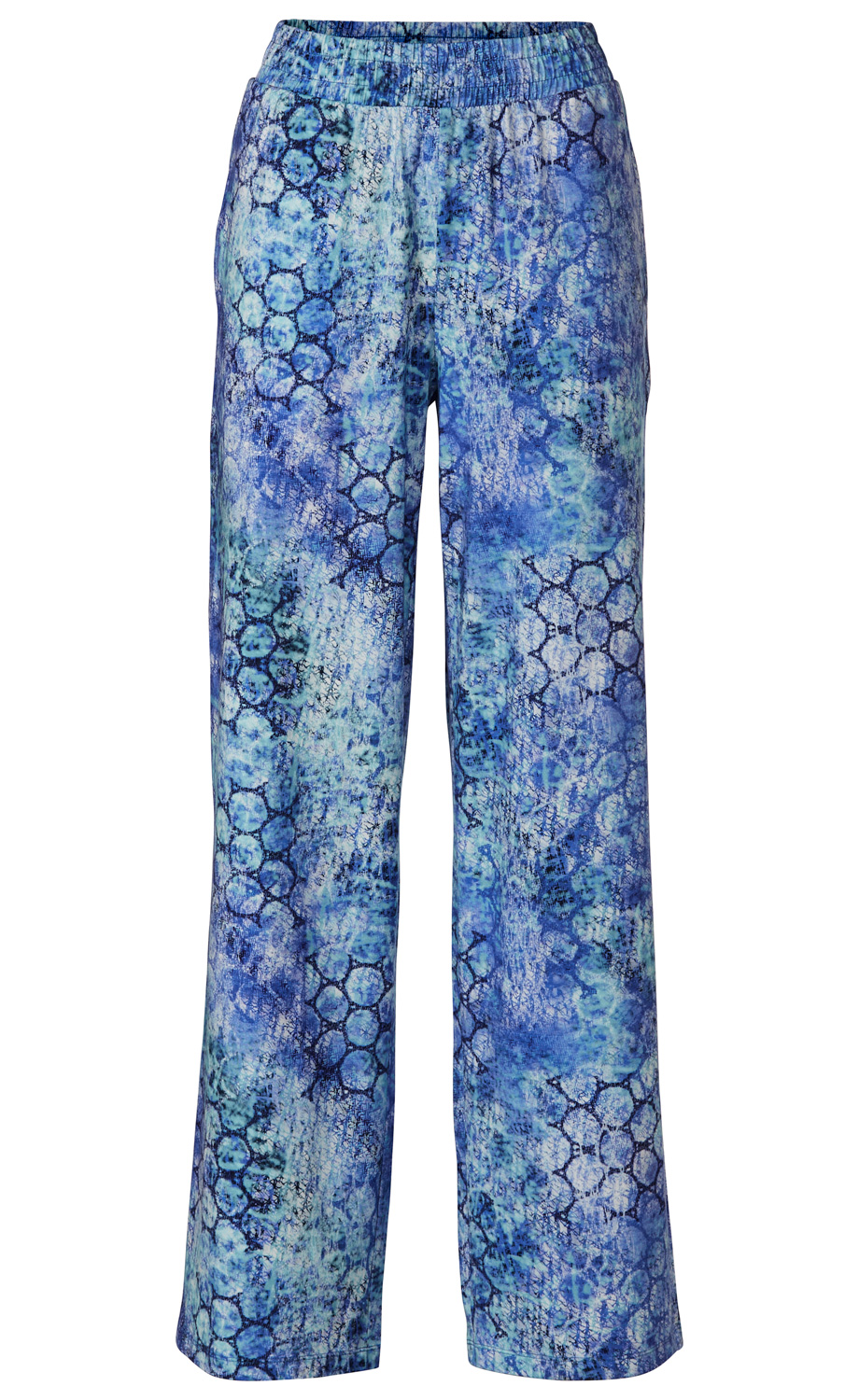 Baumwoll-Mix-Hose mit elastischem Bund, weitem Bein und abstraktem Muster in verschiedenen Blau- und Türkistönen mit schwarzen Akzenten, kombinierbar und bequem für den Alltag.