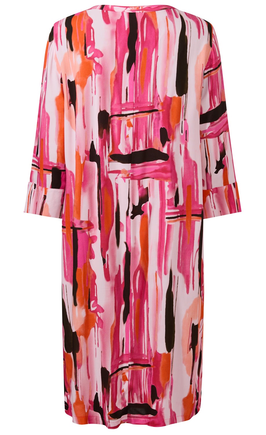 Rückenansicht eines Viskose-Kleids mit 3/4-Ärmeln, abstraktem Muster in Pink, Orange, Schwarz und Weiß, locker fallend, rundem Ausschnitt, nahtlos, mittellang