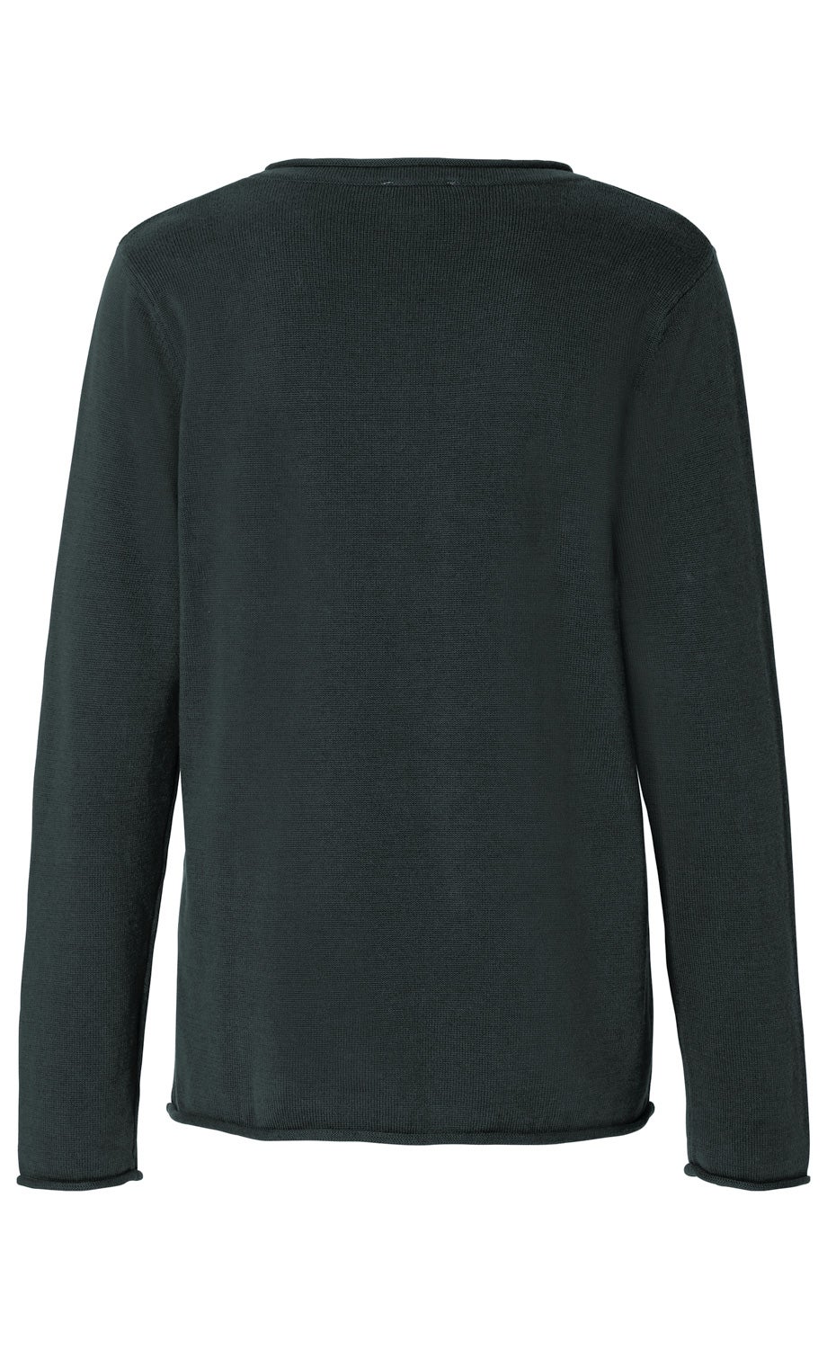 Rückansicht eines schlichten, dunkelgrünen Baumwoll-Pullovers mit langem Arm und Rundhalsausschnitt, ohne Muster oder Verzierungen, einfarbig und leicht strukturiert